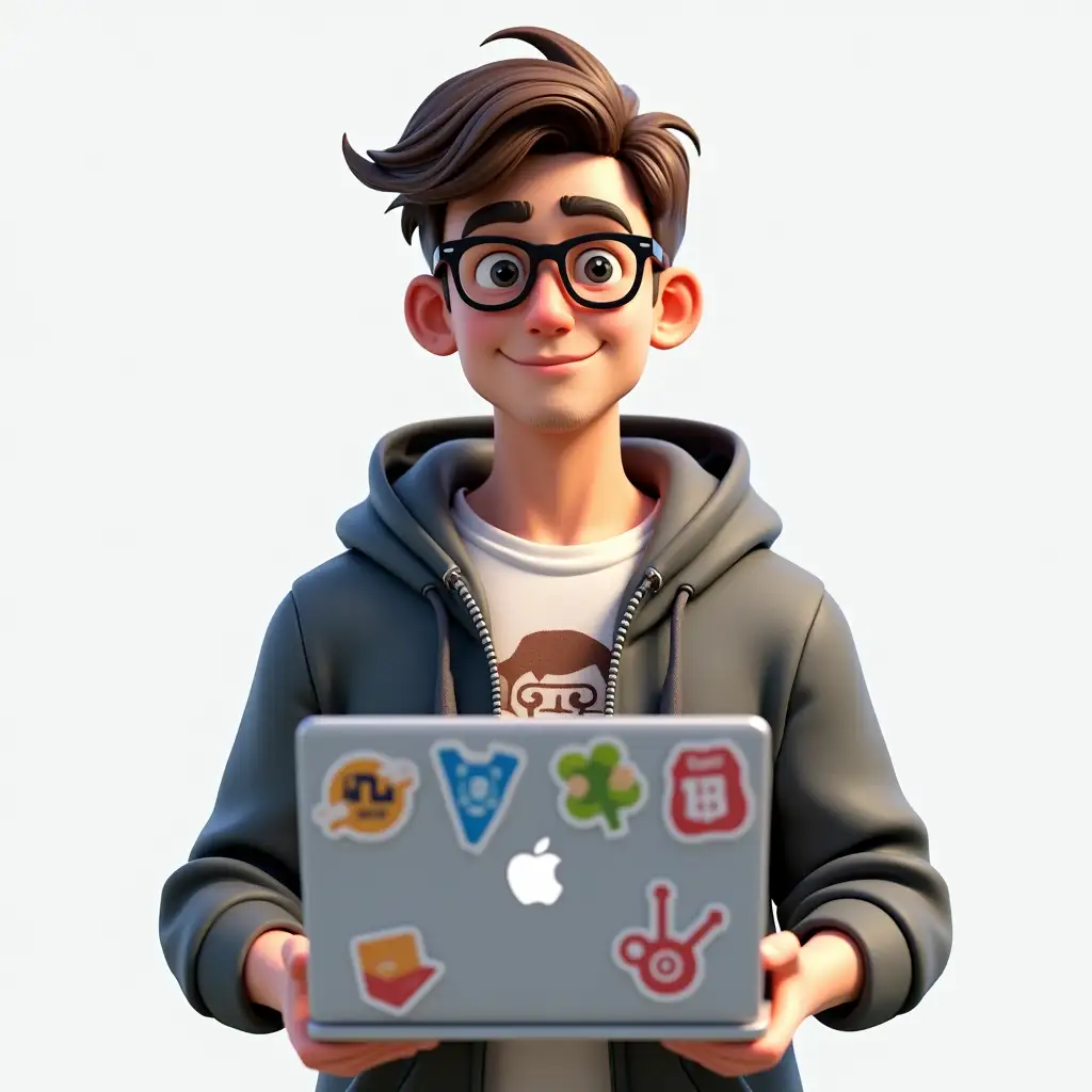 A realistic 3D render of a Front-End Developer, a young man with a casual, modern look. He has short, slightly messy hair, wears glasses, and is dressed in a comfortable hoodie with a graphic t-shirt underneath. His expression is focused and relaxed, as if he’s coding. He holds a laptop with stickers on it, reflecting his creative role in building user interfaces. No background, focusing solely on the character.