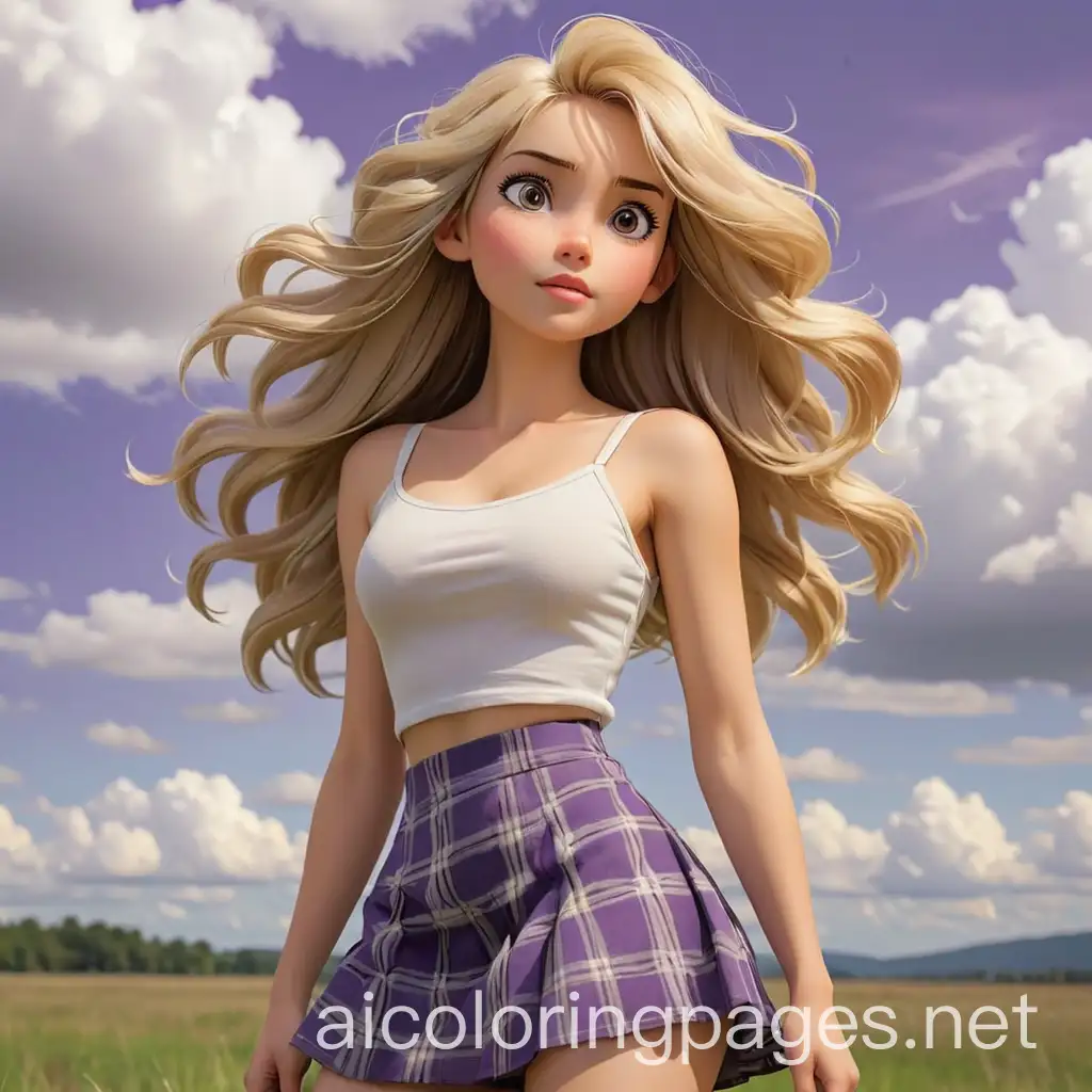 Pale-Blonde-Woman-in-Purple-Plaid-Skirt-Gazing-at-Clouds