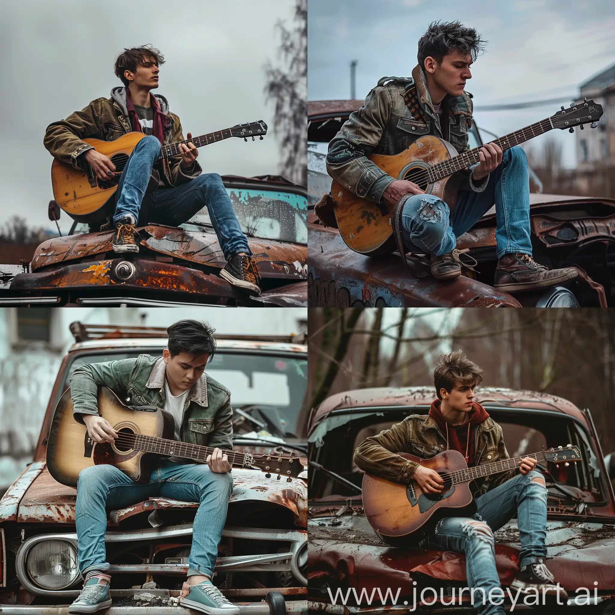 Cool-Guitarist-with-SasakStyle-Emo-Hair-on-Old-Car