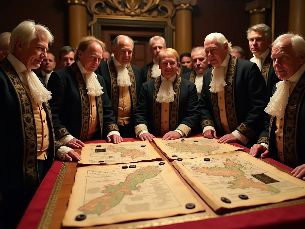 A formal signing ceremony with British and Scottish representatives gathered around a grand table, sealing the Acts of Union. The scene features old maps, wax seals, and official documents symbolizing the unification of England and Scotland.