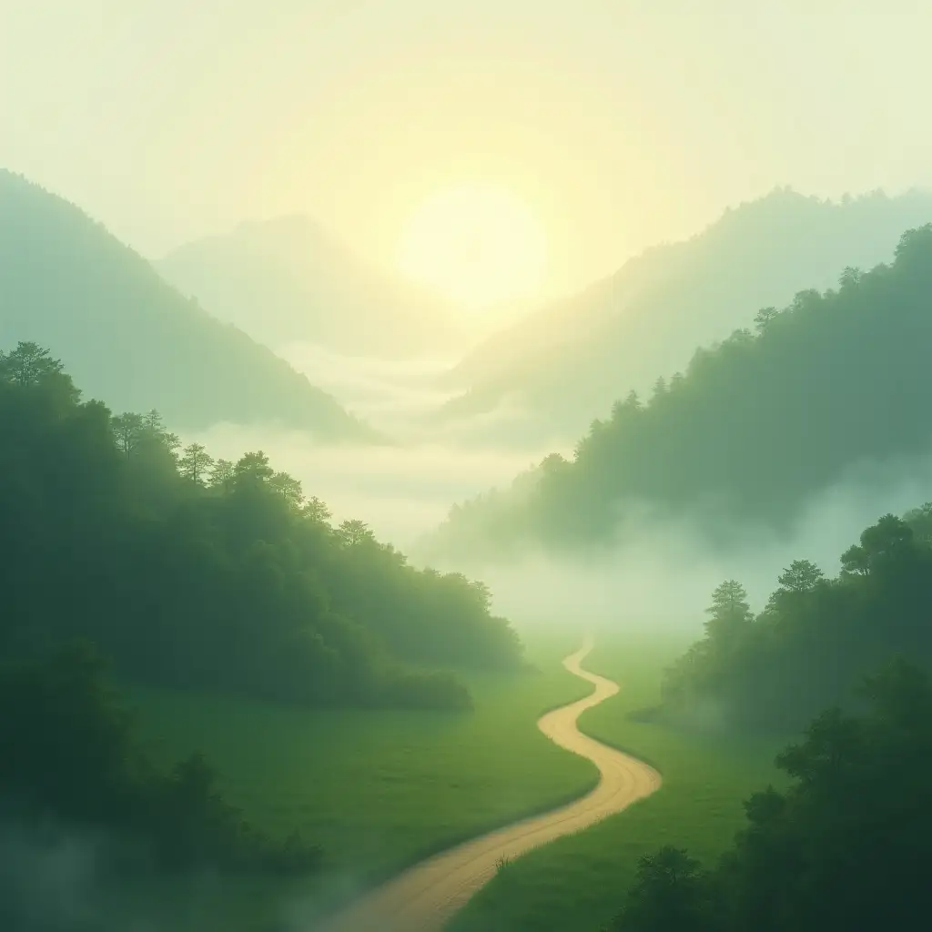 A misty valley clearing as the fog lifts, revealing a winding path bathed in soft sunlight, in the serene style of Kaii Higashiyama. Muted greens and warm golden tones blend harmoniously, symbolizing renewal and hope in a tranquil, poetic composition.