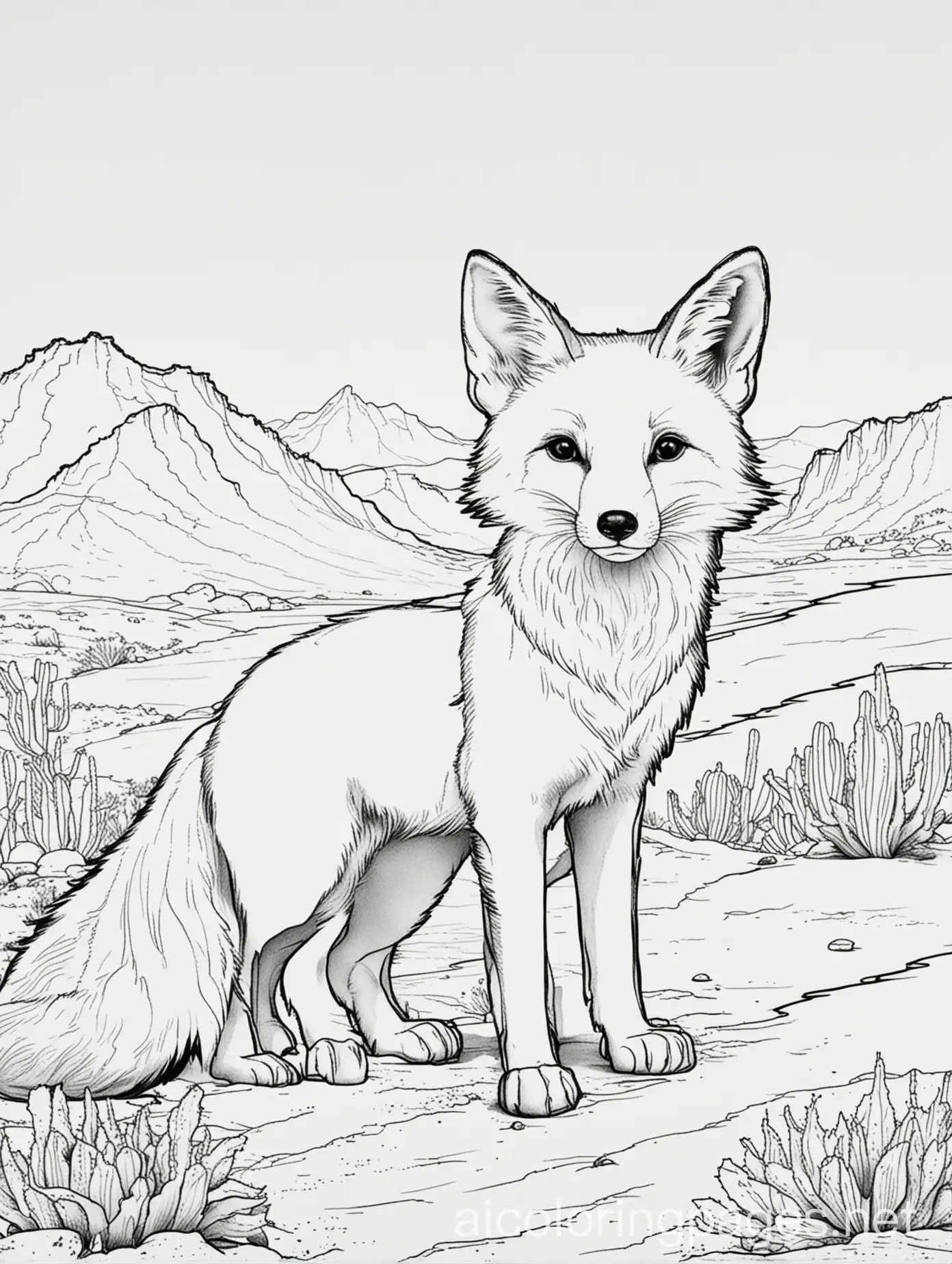 outline drawings of a fox  in the desert, Coloring Page, black and white, line art, white background, Simplicity, Ample White Space. The background of the coloring page is plain white to make it easy for young children to color within the lines. The outlines of all the subjects are easy to distinguish, making it simple for kids to color without too much difficulty