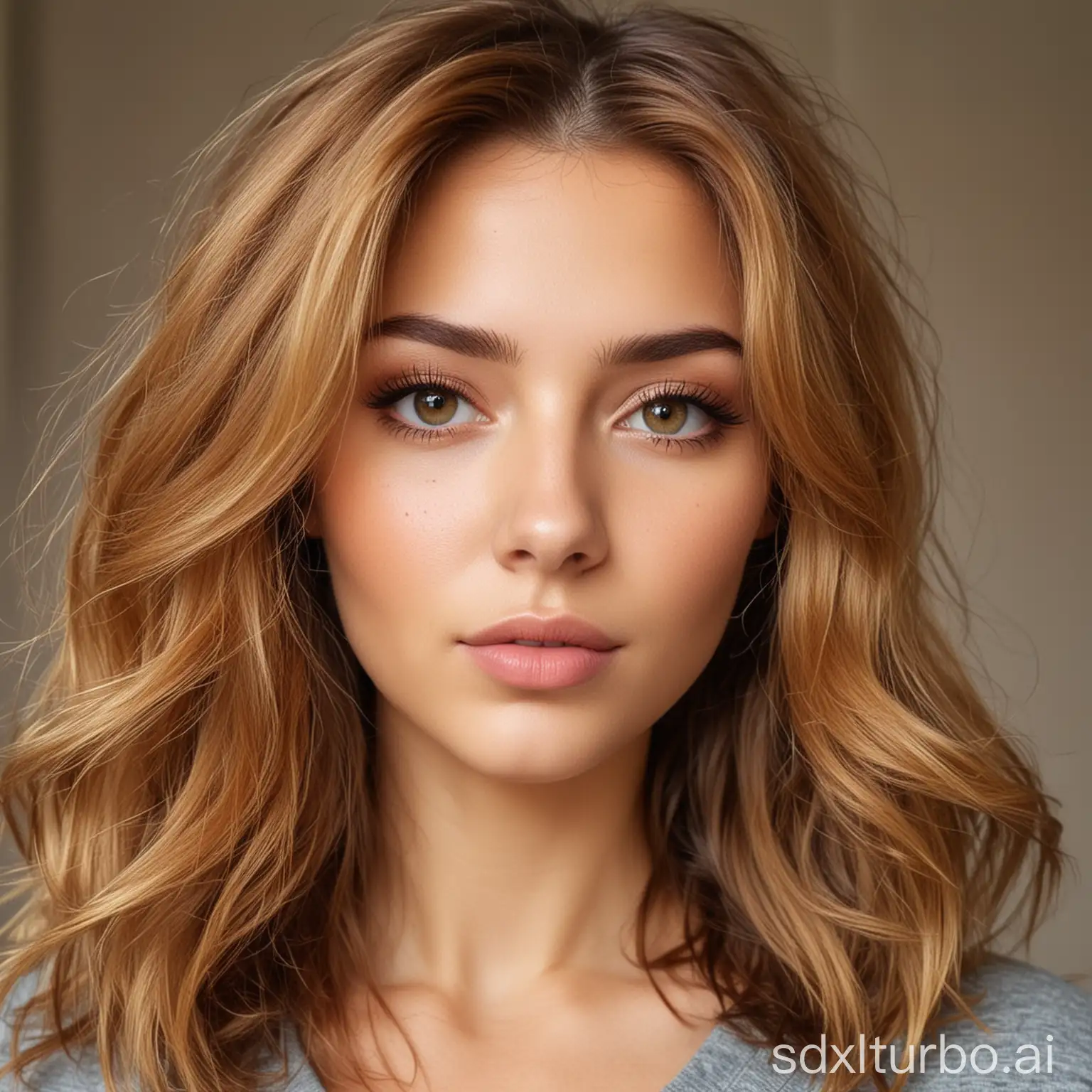 Generate me a 27 year old beautiful european women with golden brown hair