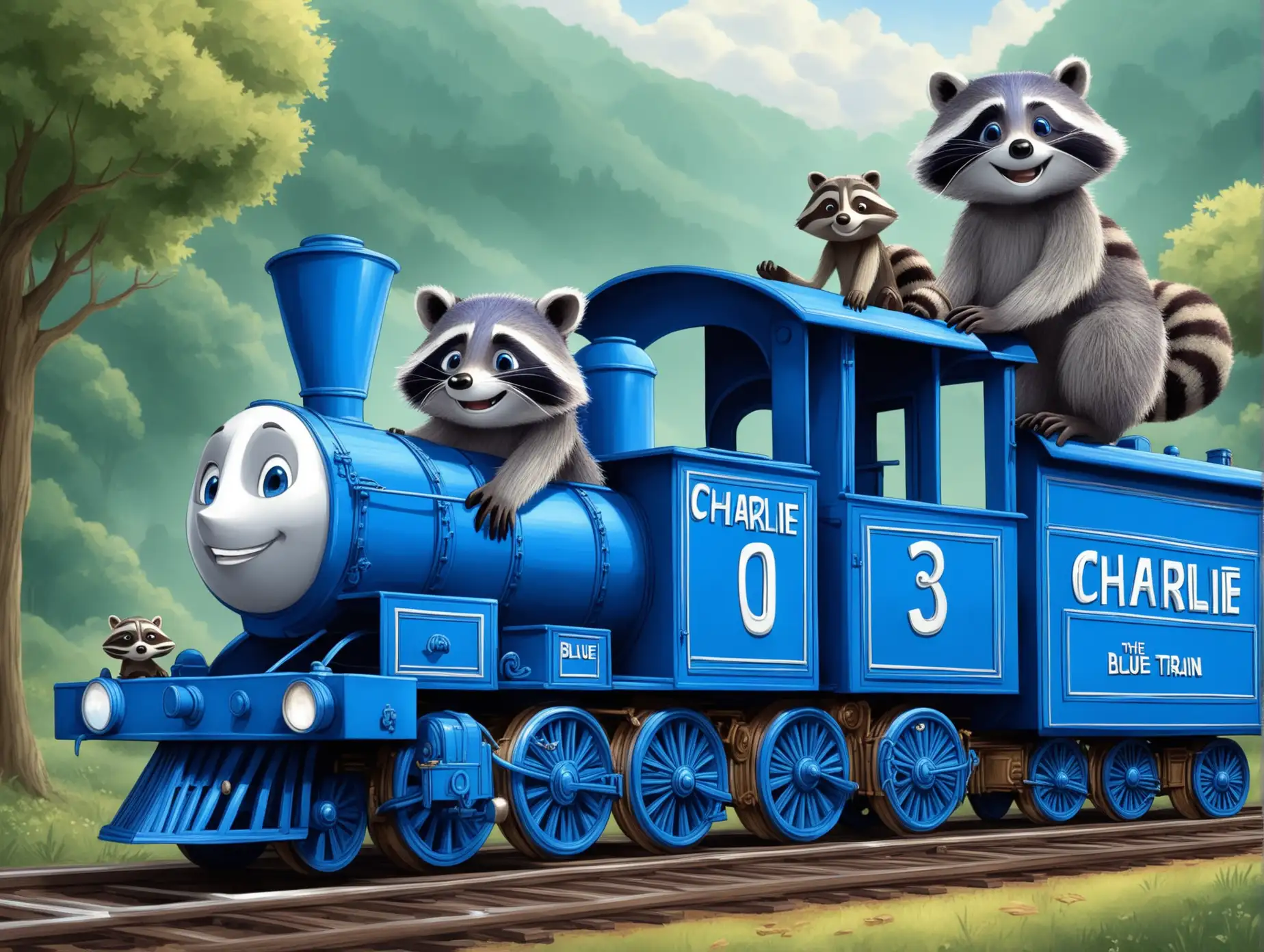 Blue Train and Raccoon Adventure in the Forest