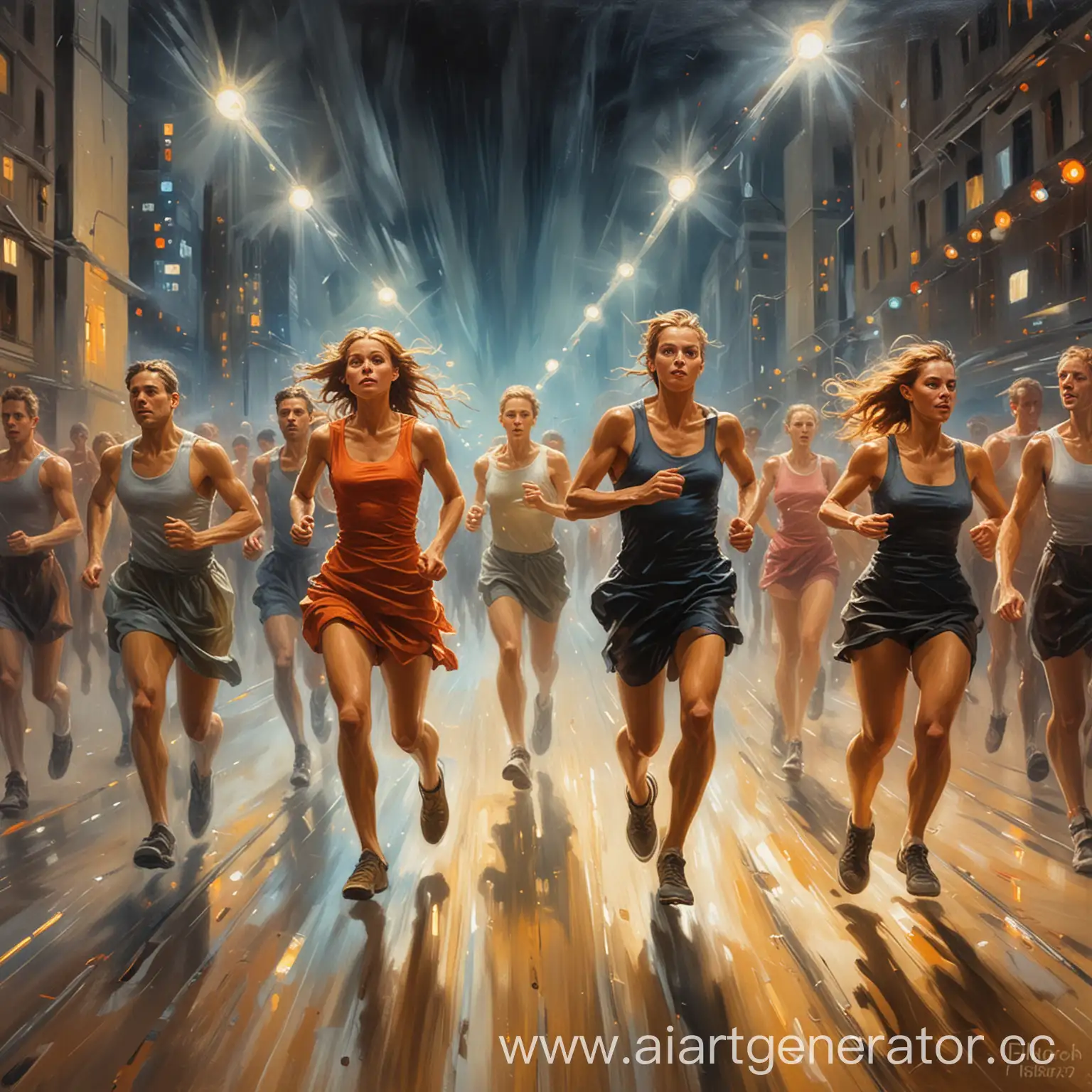 Futurist-Oil-Painting-of-Dynamic-Running-Figures-and-Illuminated-Cityscape