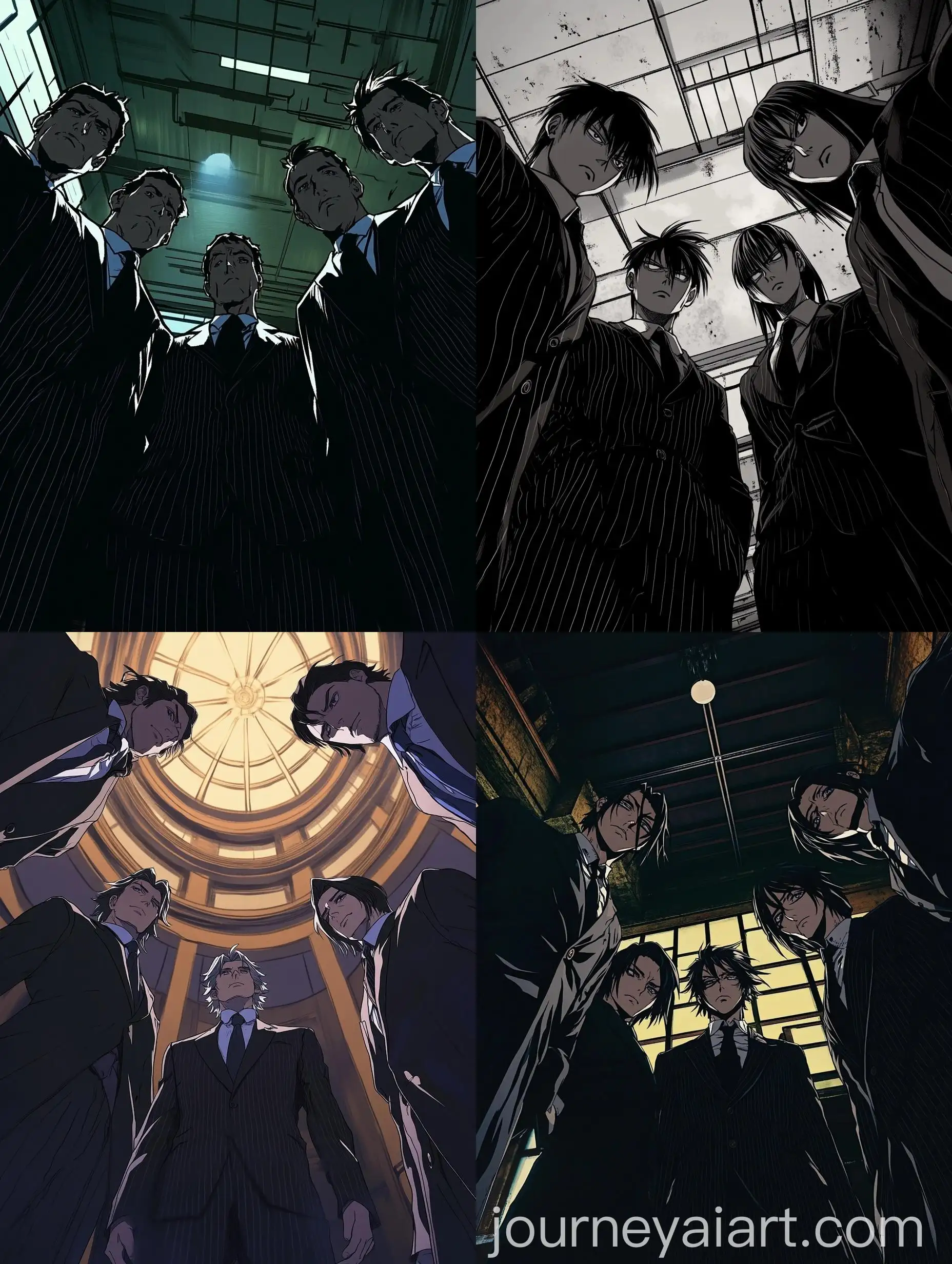 Four-Business-Executives-in-Pinstripe-Suits-Looking-Commandingly-Downward