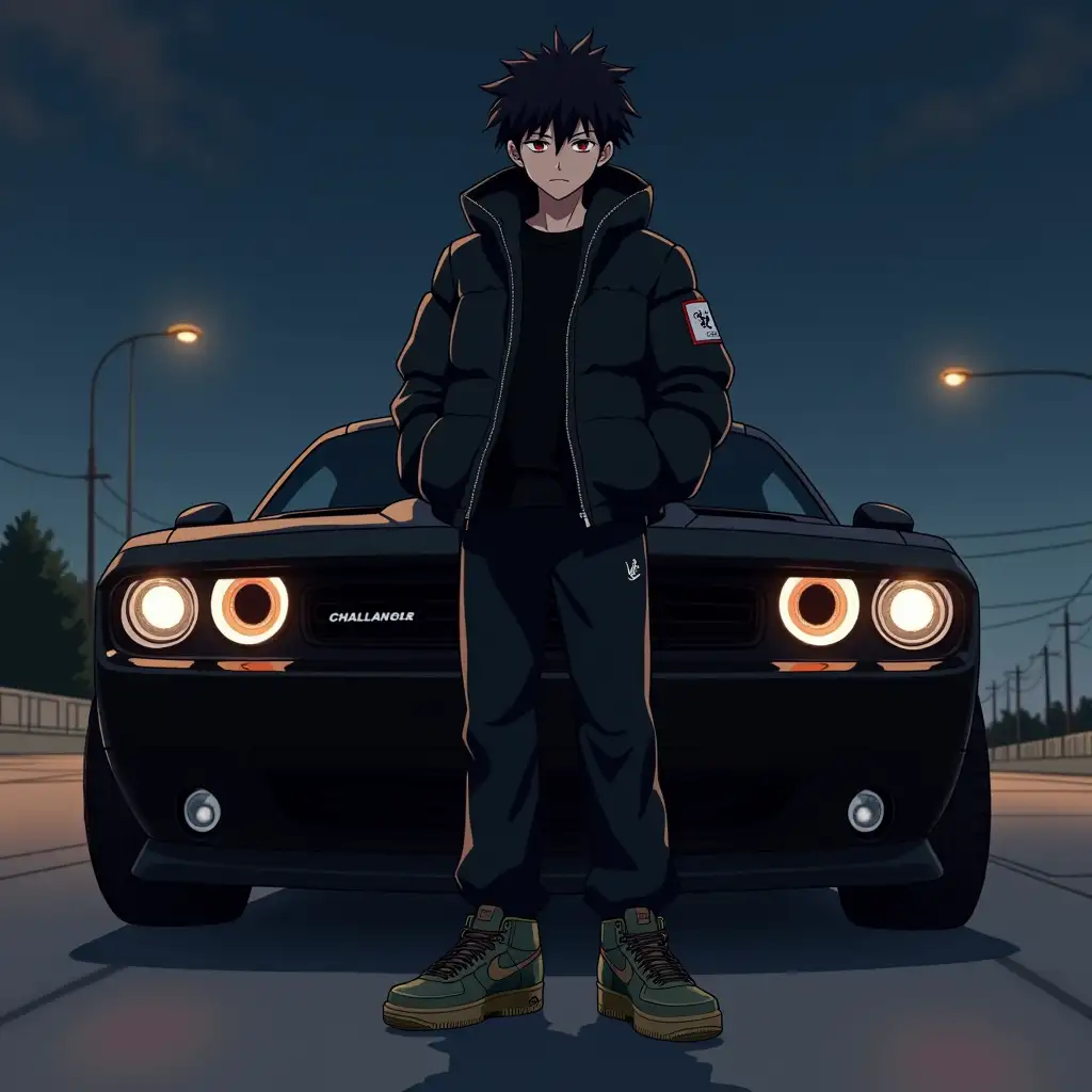 The main character from the anime solo levelling wearing a black puff jacket,a black nike sweatpants and a pair of air force shoes.standing in front of a black dodge challenger at night