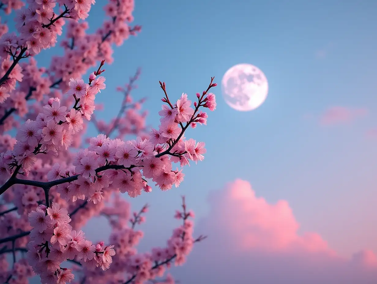 cherry blossom tree pink with moon on sky a peaceful nature vibe during evening time