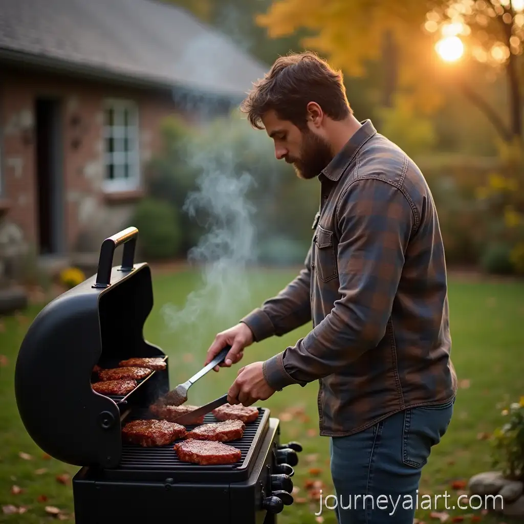 Man-Grilling-Steak-in-Cottage-Yard-During-Autumn