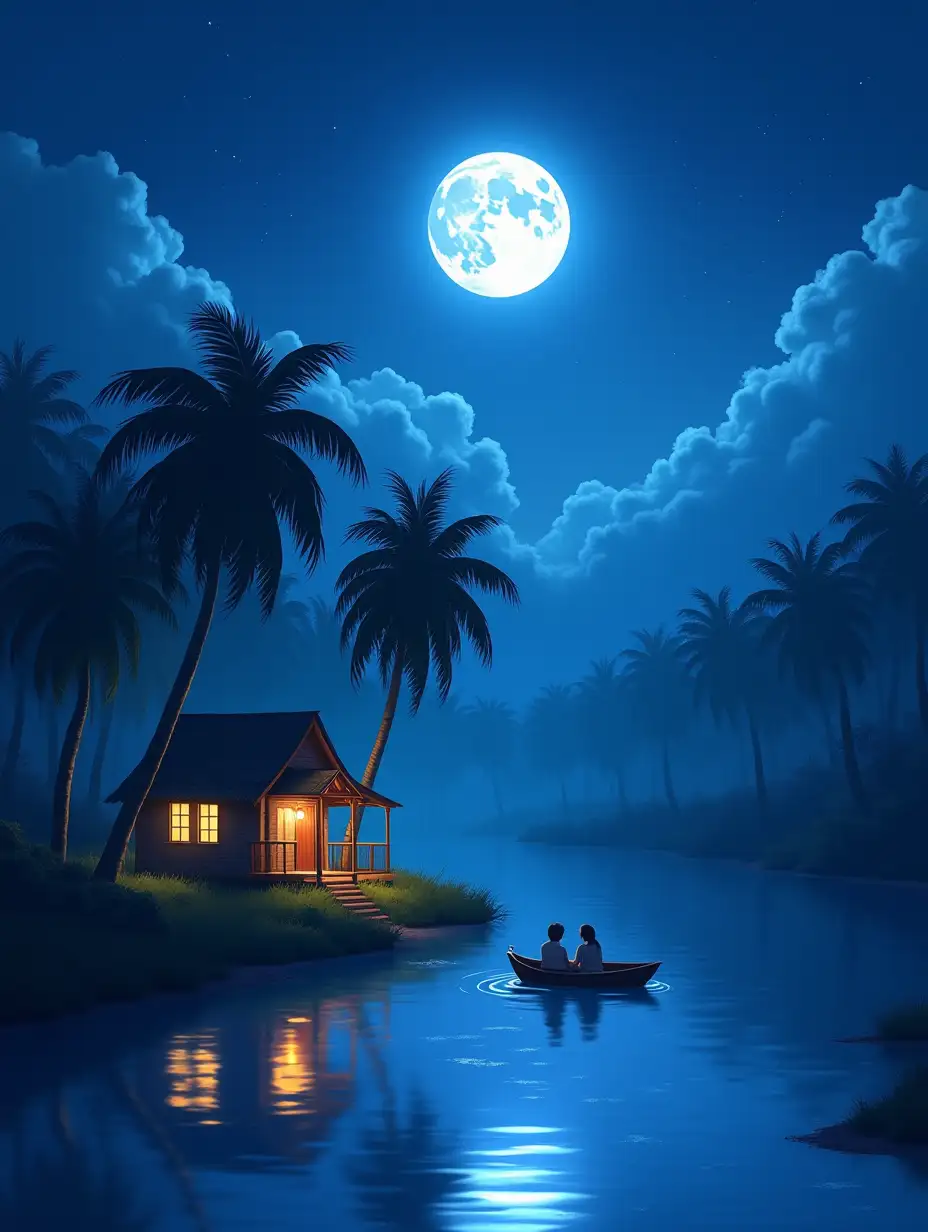 An enchanting, serene nighttime scene in an anime art style. A small wooden cabin with warm glowing lights sits on the edge of a calm river, surrounded by tall, swaying palm trees. The full moon shines brilliantly in the sky, casting soft light over the tranquil water. Clouds drift gently, partially framing the moon, while stars twinkle faintly in the background. In the middle of the river, a couple sits together in a small boat, enjoying the quiet beauty of the night. The entire setting radiates peace and romance, with reflections of the moonlight shimmering on the gentle ripples of the water, creating a magical, dreamlike atmosphere.