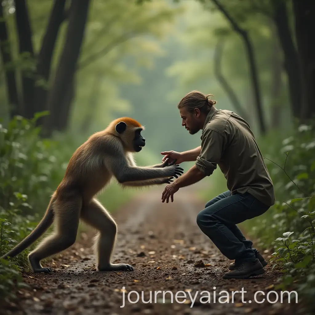 Monkey-and-Man-Engaged-in-a-Playful-Forest-Fight