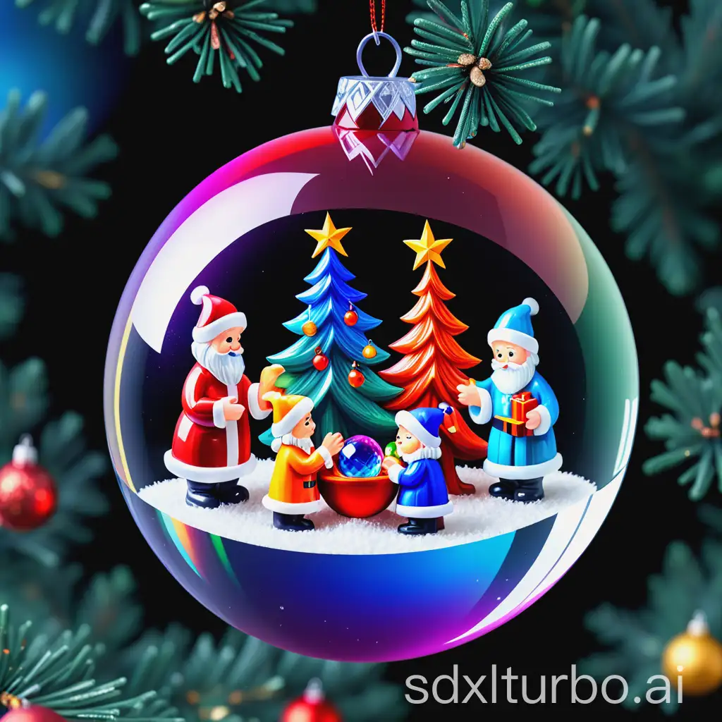 a crystal ball with inner figures representing Christmas hanging from a tree decorated for Christmas with very vivid colors