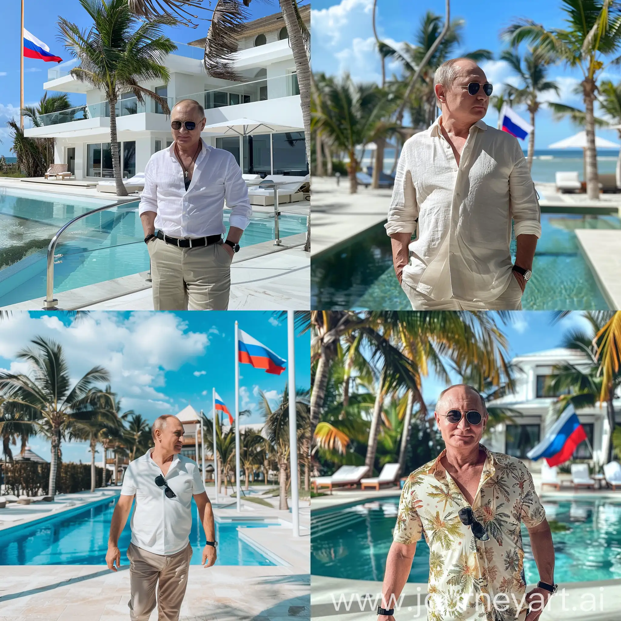 Vladimir-Putin-Beachside-in-Casual-Attire-with-Russian-Flag-and-White-Mansion