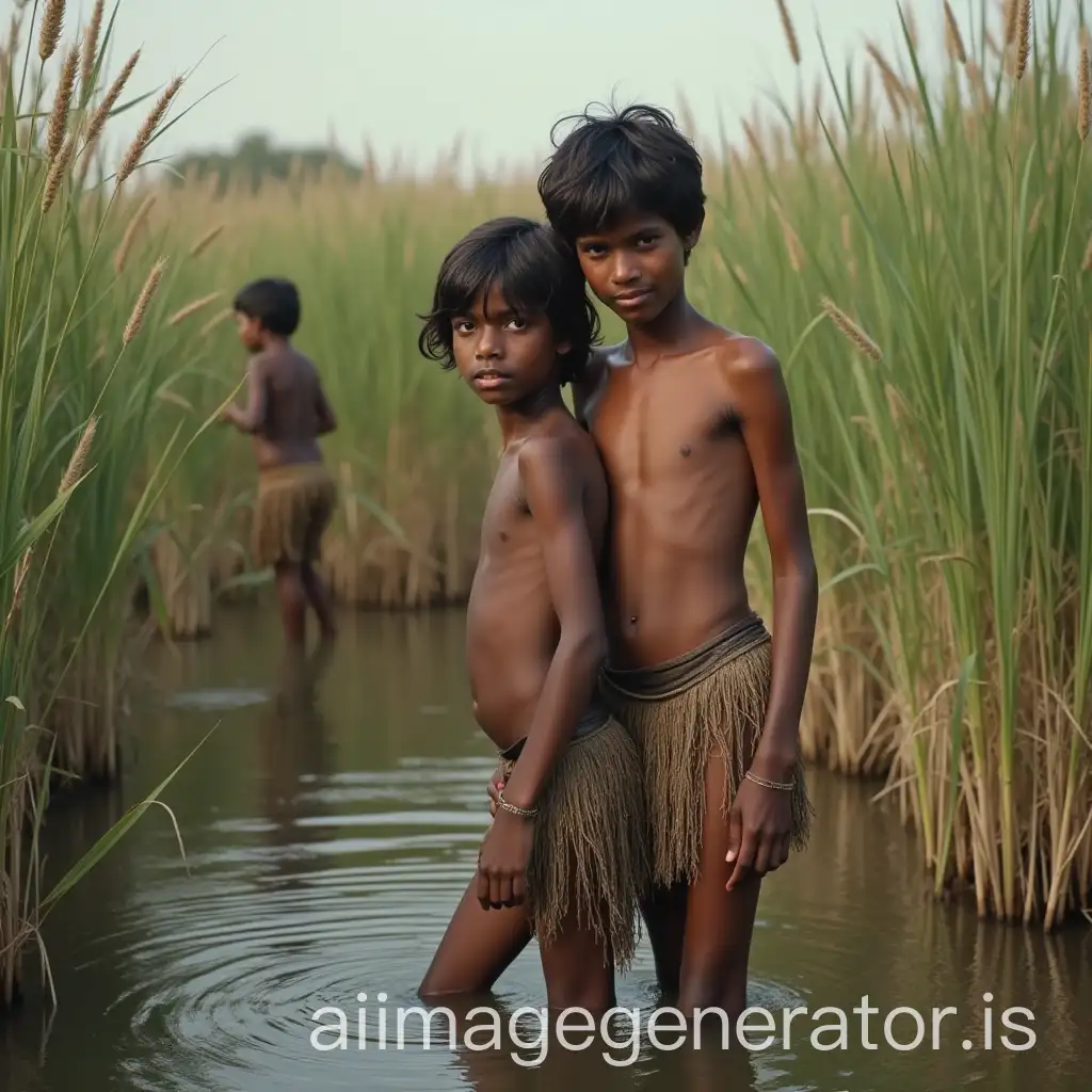 Two-Indian-Boys-in-Loincloths-Holding-on-to-Reeds-at-River-Bend