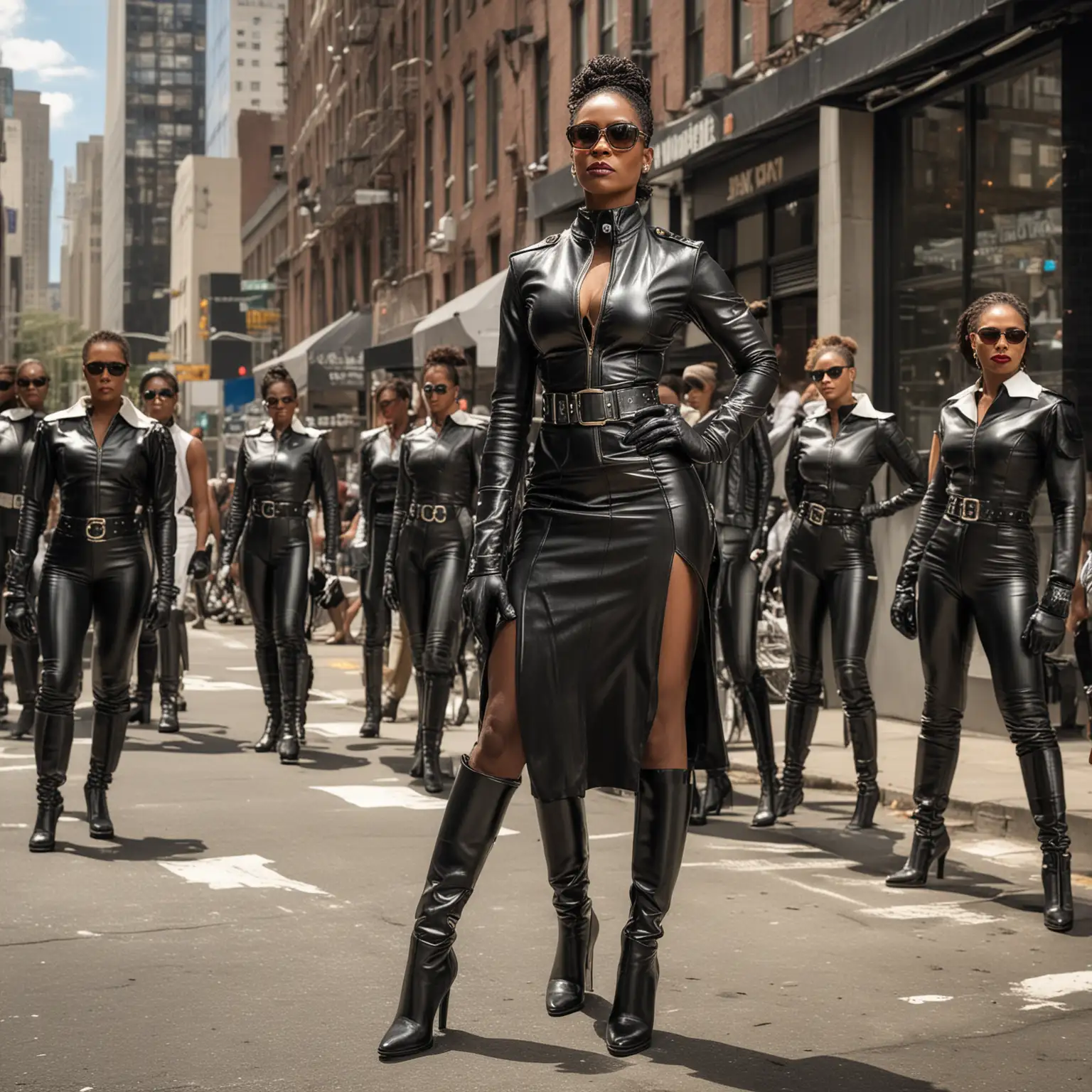 African American Female Military Officer Commanding Leather Warriors in New York Street