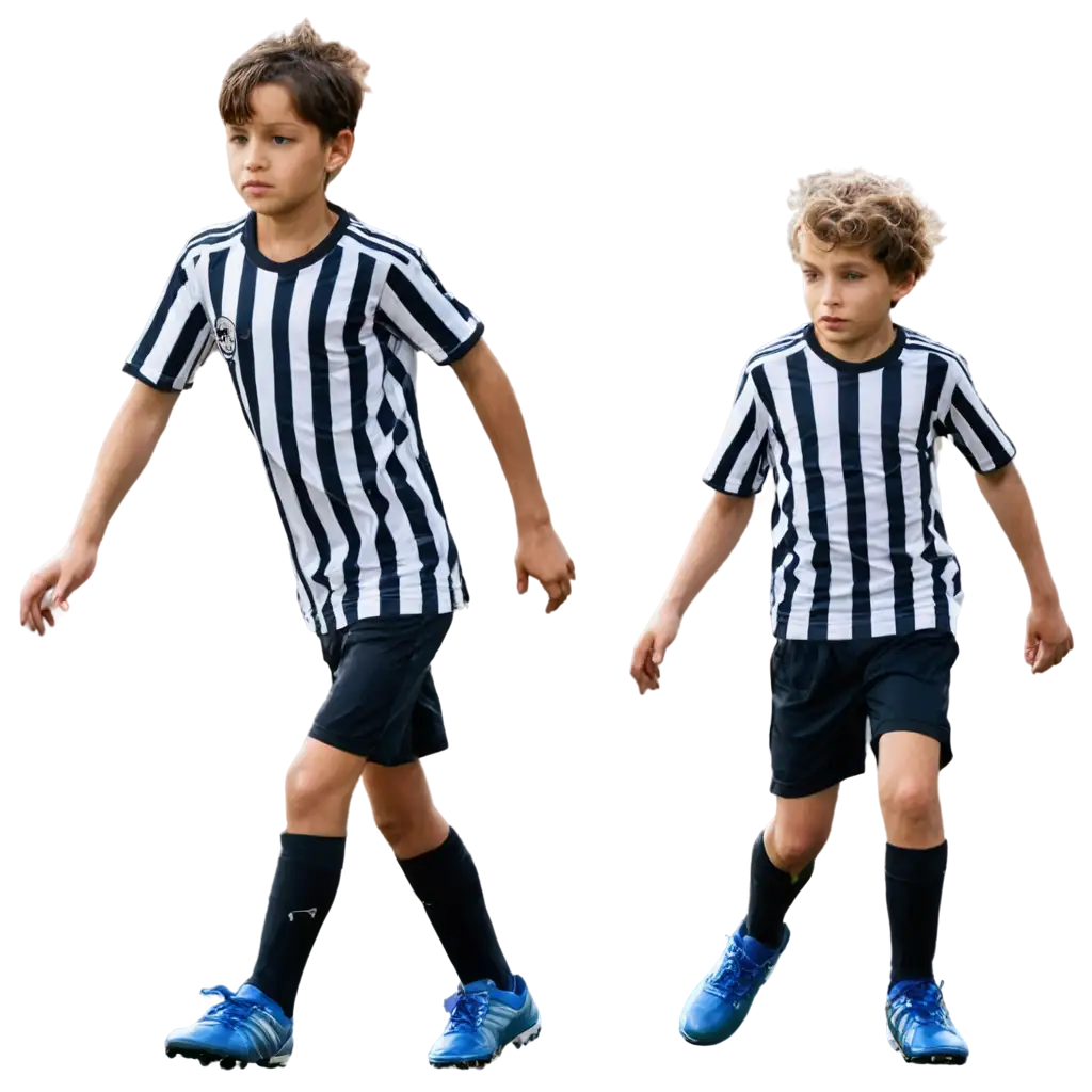 Children soccer players with white and black vertically striped shirt