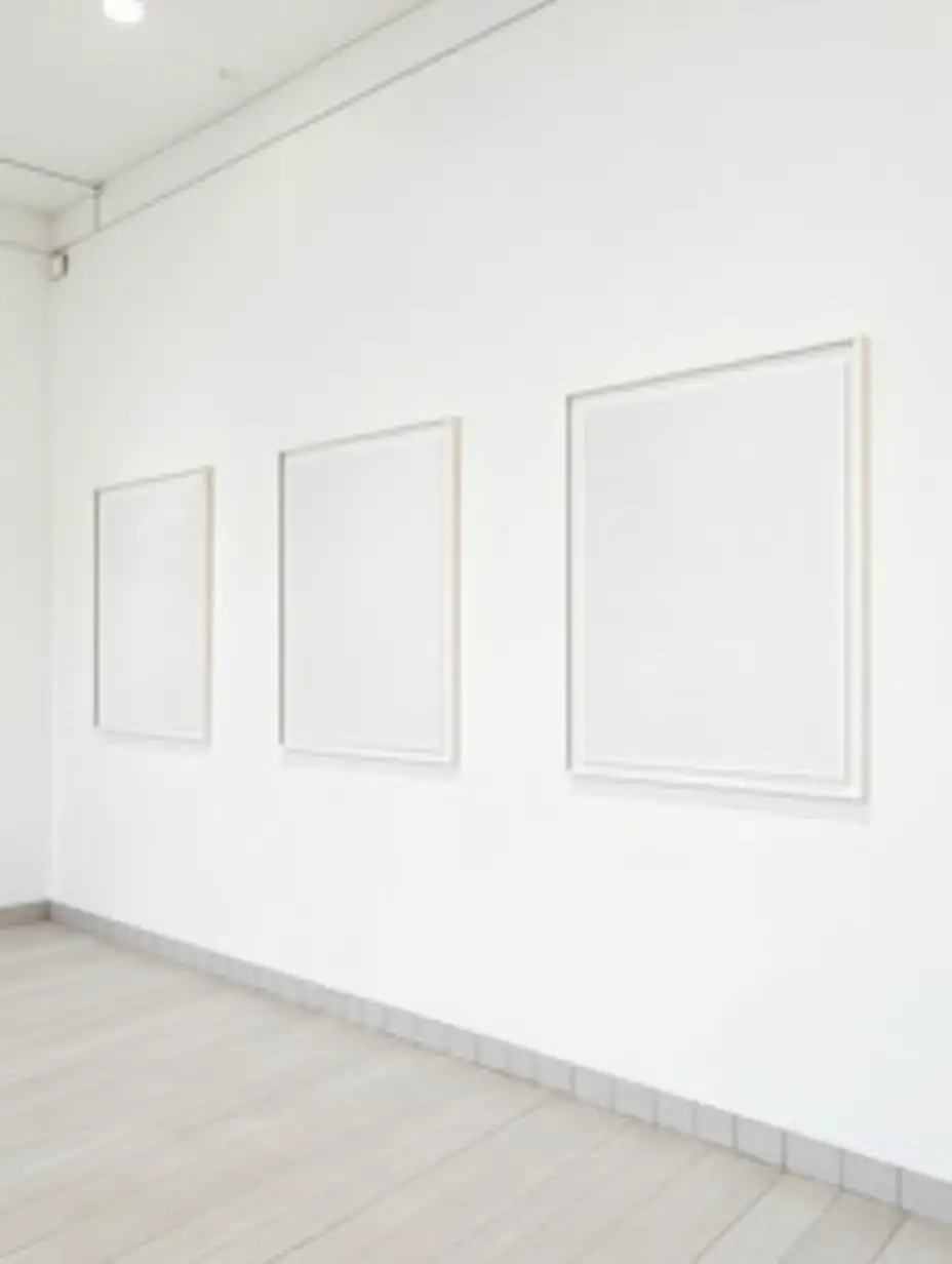 modern design nyc contemporary art gallery interior, a row of 3 empty modern white frames measuring 24 inch x 18 inch each, displayed on white walls