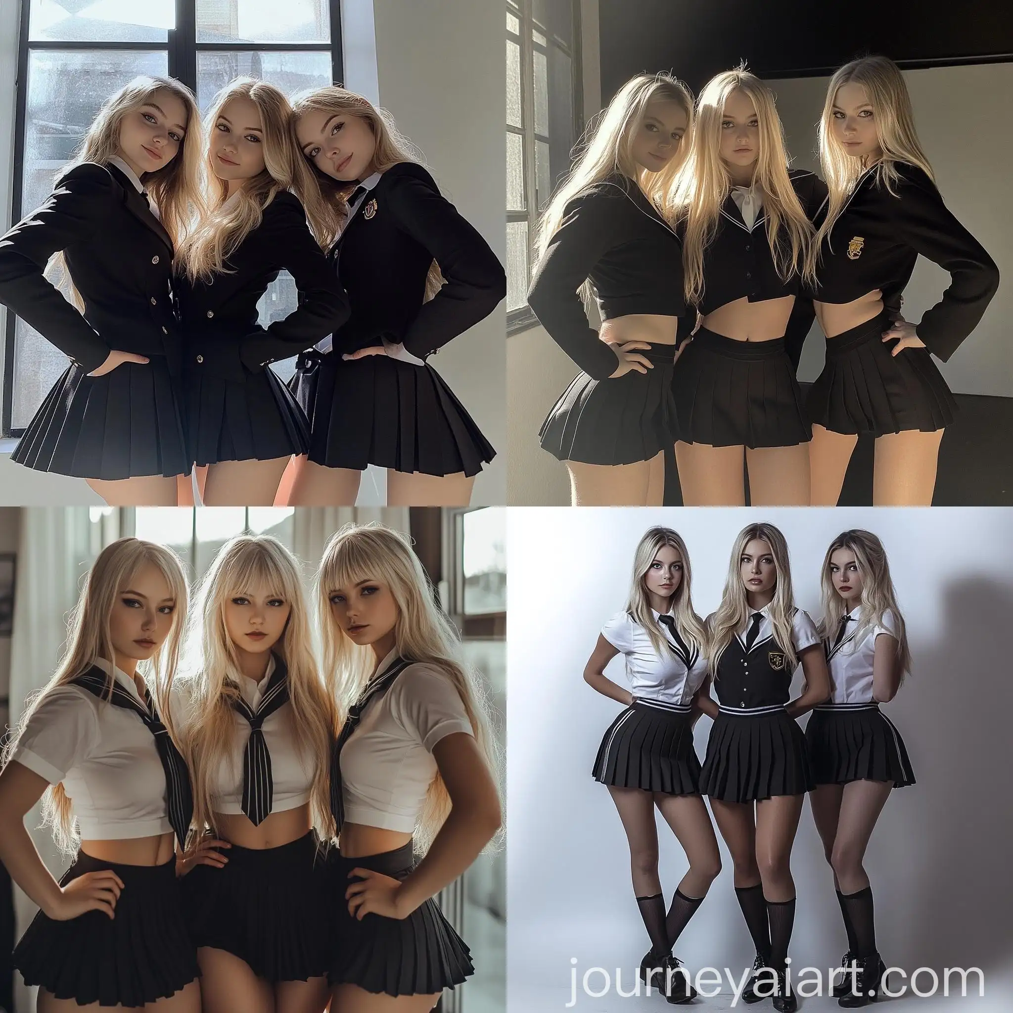 Three-Blonde-Women-in-School-Girl-Uniforms-Posing-in-Photography-Studio