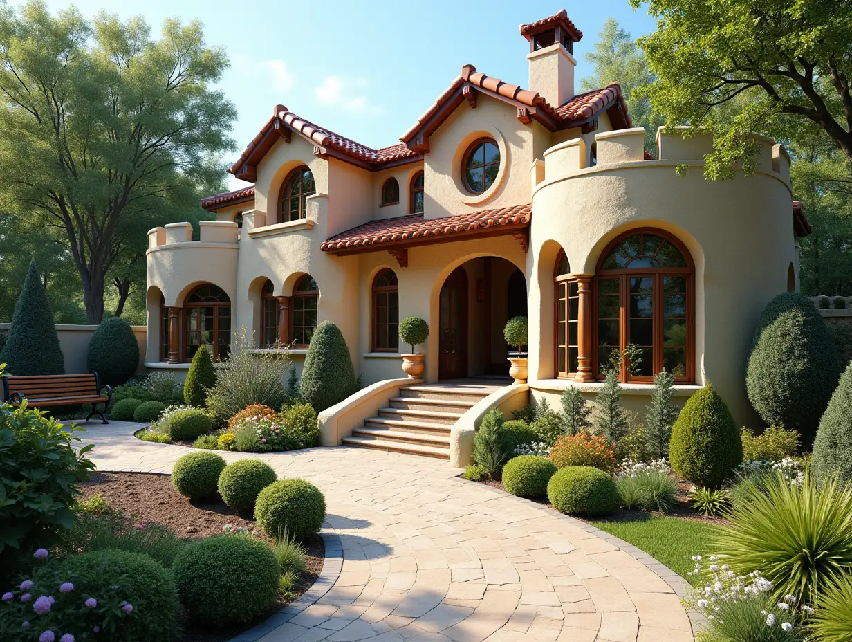 crooked house garden planting-with stucco in the form of plant ornaments, large windows with glass closed, curved, smooth window shapes, winding large entrance steps made of marble complex curved roof with dike,Lanterns,bench apple tree 4K resolution colorful superWide-angle shots