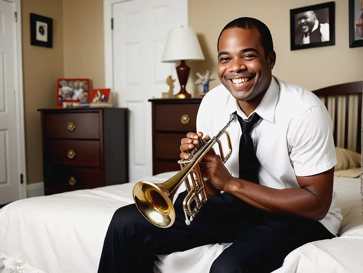 Joyful AfricanAmerican Trumpet Player in Bedroom