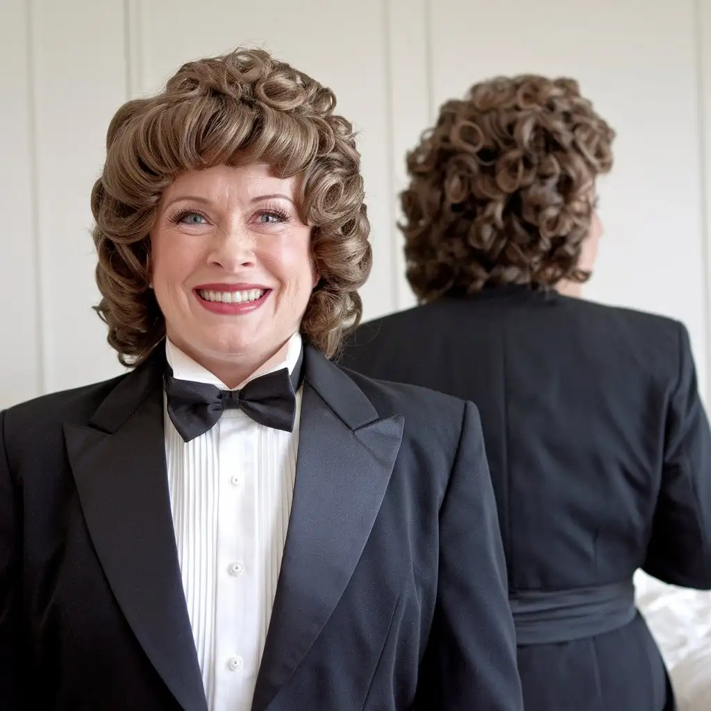 Two matching sweet beautiful middle-aged smiling busty fat obese body type with large wide hips Caucasian white female woman, with short dark blonde tight curly 1980s hair with curly bangs, wearing a very formal orchestra concert tuxedo with black long sleeve high cut cropped Eton jacket, white cropped tuxedo shirt, with tight very high standing Gladstone wingtip collar, and many thick vertical pleats front, black diamond point bow tie with black very thick wide adjustable neckband, black cummerbund, black tight high-cut spandex brief, nylons, one women facing the viewer while tugging on her bow tie while the other woman has her back to the viewer, standing in a white bedroom, full front view.
