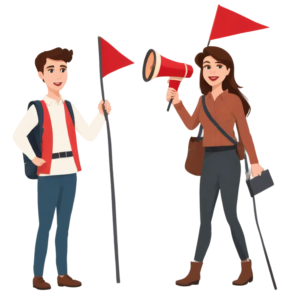 PNG-Image-of-Tour-Guide-Couple-with-Flag-and-Megaphone-Vector-Cartoon