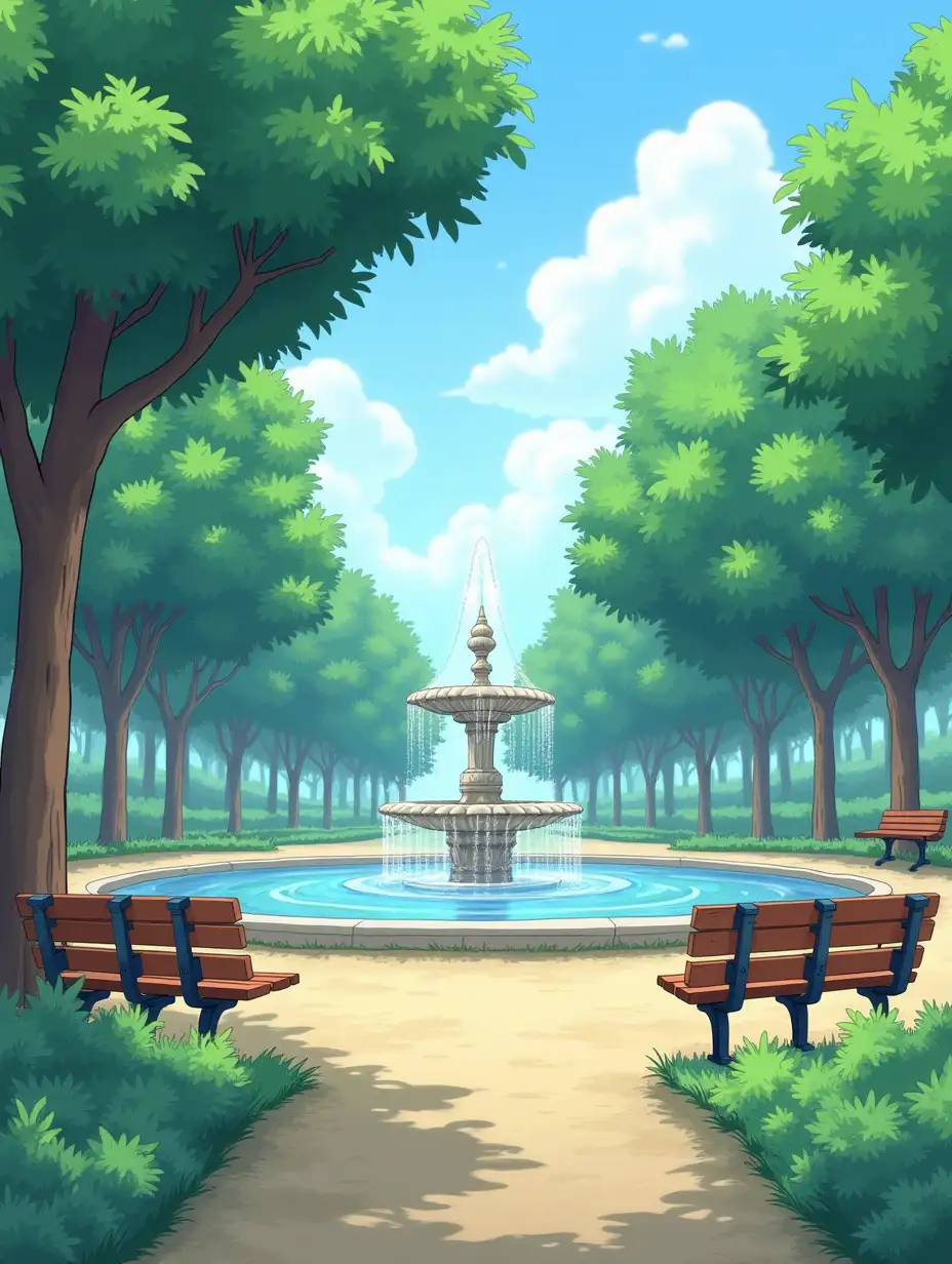 A park without people. There are some benches and a fountain. Anime style.