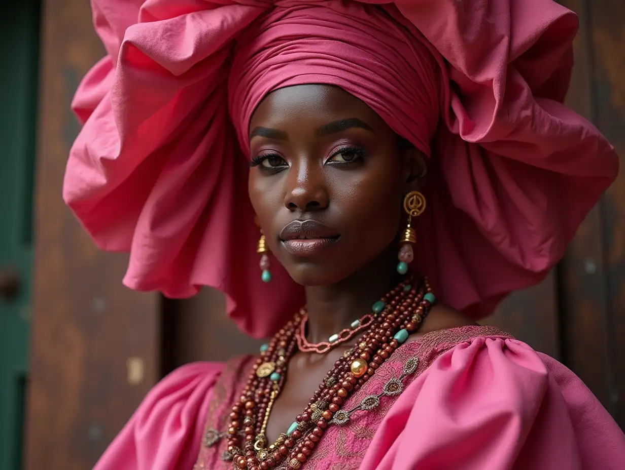 A powerful portrait of Obbá, the Orisha of love and marriage, shown in the foreground. She is a regal and dignified woman with rich, dark skin, embodying strength and resilience. Obbá is dressed in a traditional Yoruba outfit dominated by shades of pink,