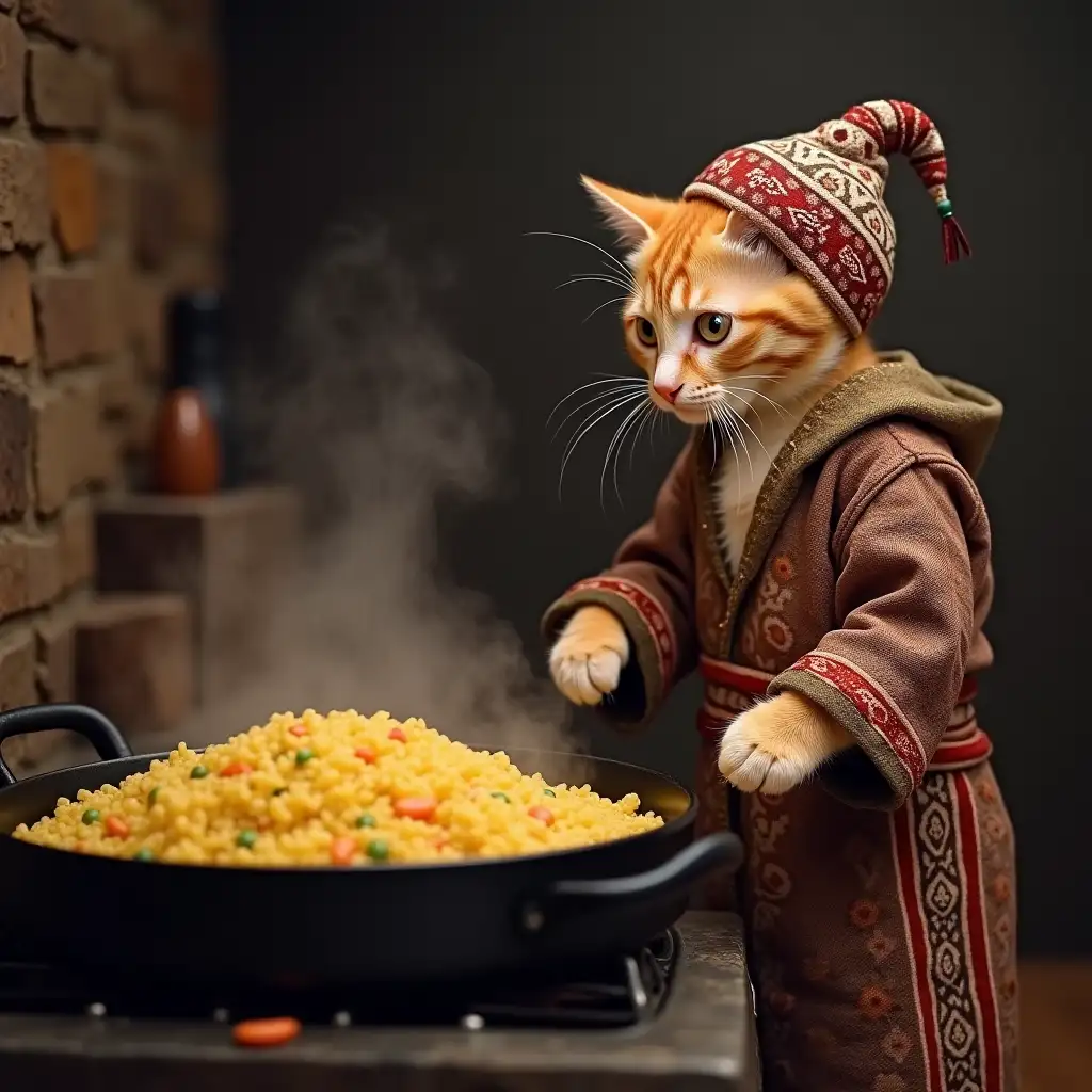 a ginger cute real kitten with a skullcap on its head stands by the stove and cooks pilaf. the kitten is wearing a Tajik robe that looks like a rug. the robe has a belt. the pilaf is in a large cauldron