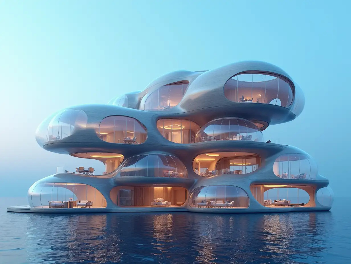 A futuristic multi-story house made of many hollow lit glass balls and wood is on the water blue sky bright environment