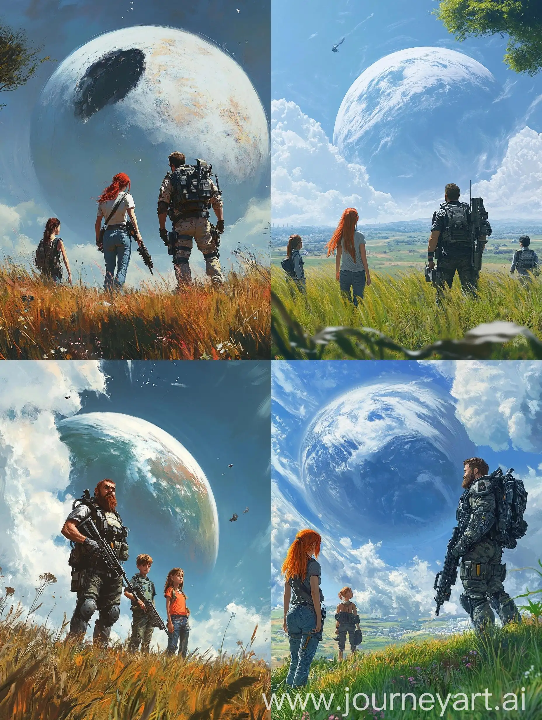 RedHaired-Girl-and-Modern-Soldier-with-Giant-Split-Planet-Sky