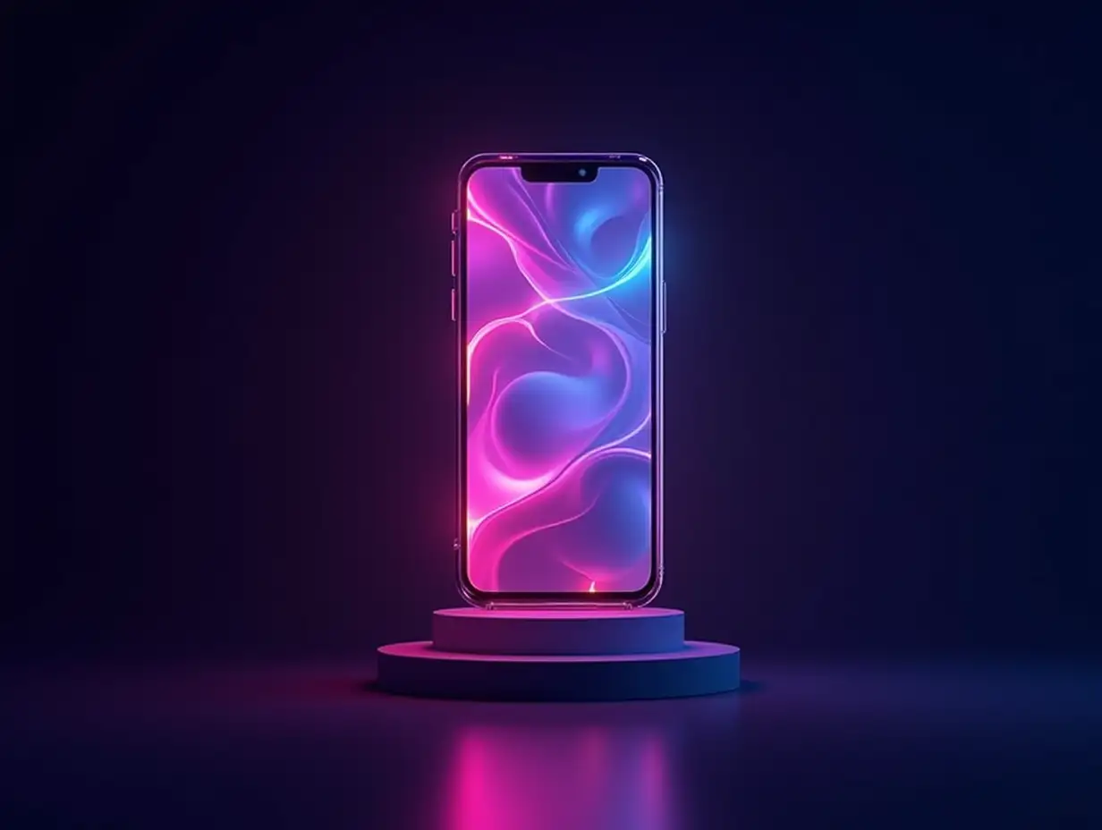 artistic, a mobile phone's extra display glass,  with colorful neon,  glowing,  dark background, uhd, 128k