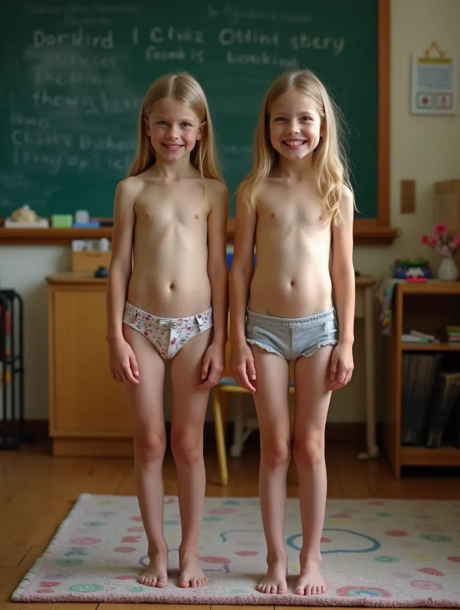 Two-Skinny-Little-Girls-Smiling-in-a-First-Grade-Classroom