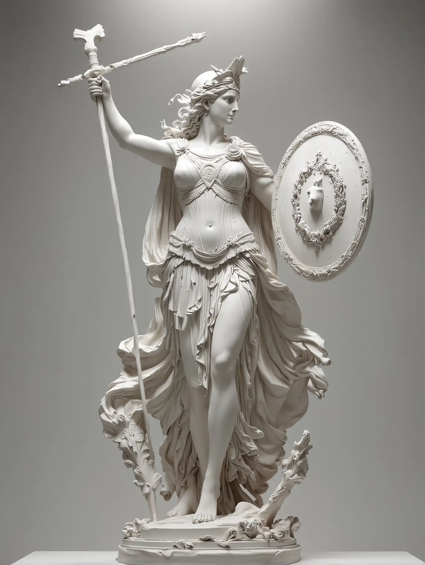 Goddess Athena Statue with Shield and Spear in Motion