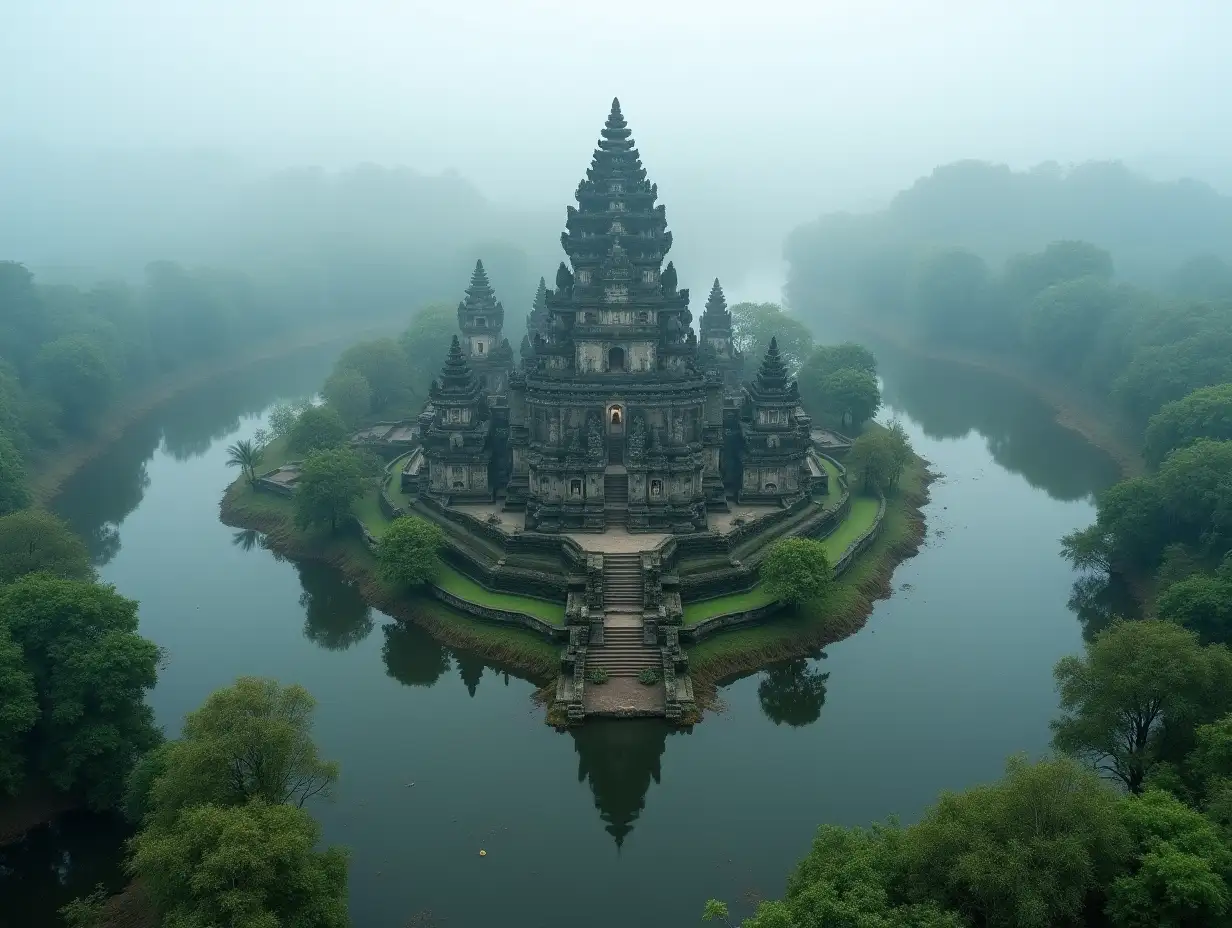 Aerial-View-of-Indonesian-Stone-Temple-Palace-in-Misty-Swamp-Village