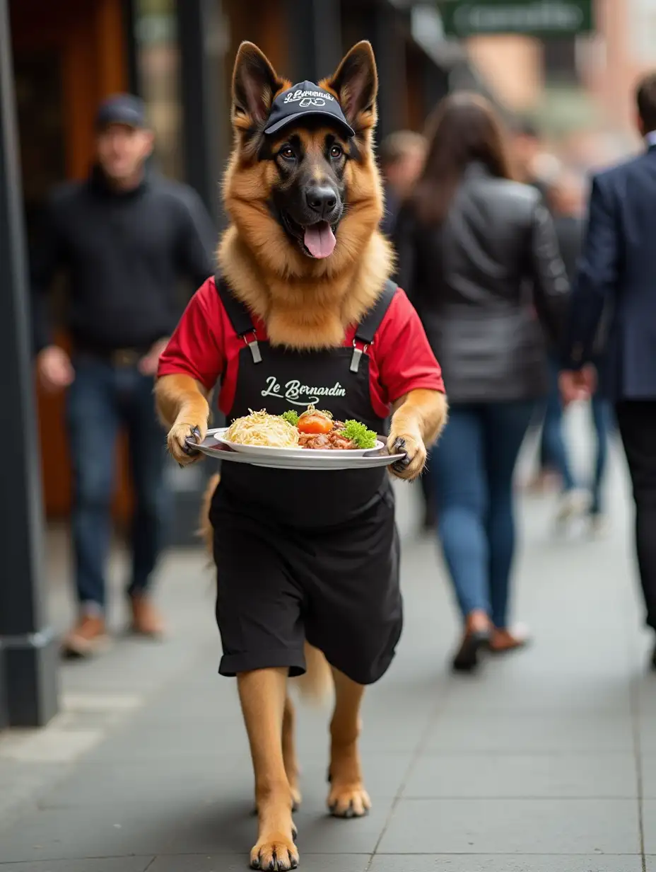 A beautiful German shepherd big dog wearing le Bernardin restaurant's delivery boy cap and uniform, with few people's in background and the delivery dog boy is carrying a big tray with food in it, in his  paws. He is walking only on two legs like human but actually they are 2 dog legs.