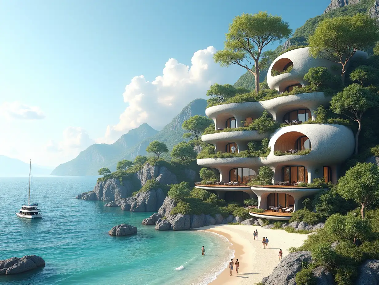 Create a high-resolution, realistic panorama image of a futuristic terrace building with snail-house windows with bridge, a yacht and a small beach with people, many plants and grey and brown facades with sea with waves, big trees, blue sky