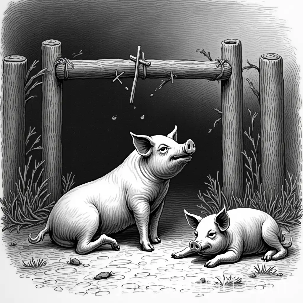 Broken-Barrier-with-Pigs-in-a-Stormy-Scene-in-Black-and-White