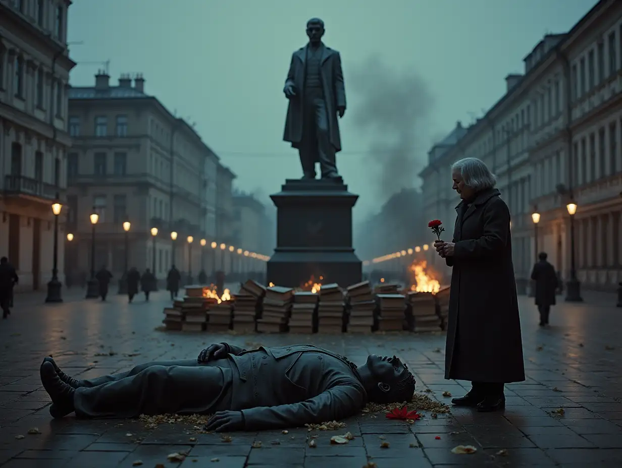 A dystopian city in eastern Europe. Dark buildings. City square, there are no people on it. In the centre, a destroyed monument to Pushkin is lying on the ground. Near him stands a grandmother with a flower. In the background burning fires of stacked books.