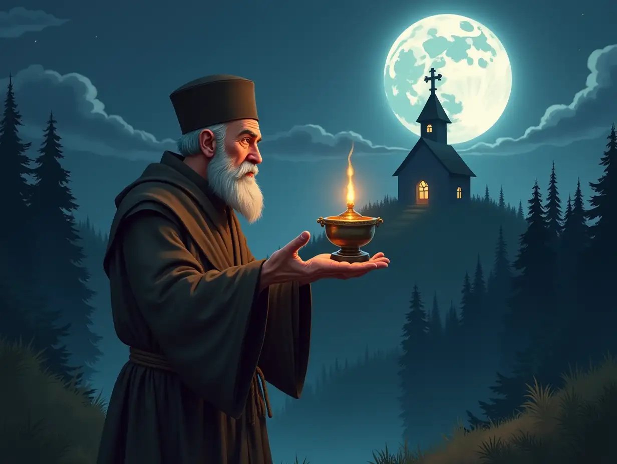 Character for the game in 2D style: Old Russian monk with a censer on his outstretched hand, short gray beard, old cassock, sackcloth, belt of simple rope. The usual brown monk's old hat on his head. Full height. In the background is a dense forest, on a hill is seen an old chapel with an Orthodox cross, night, a huge moon in the sky. 2D, in profile, full-length character in profile