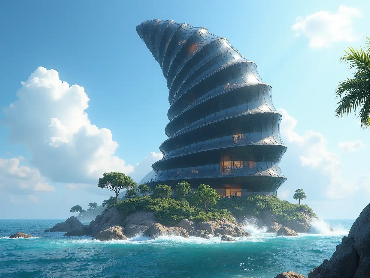 Create a high-resolution, realistic image of a very tall futureistic building with windows twisted like a snail shell with black and gold facades with sea with very big waves, large trees,rocks blue sky