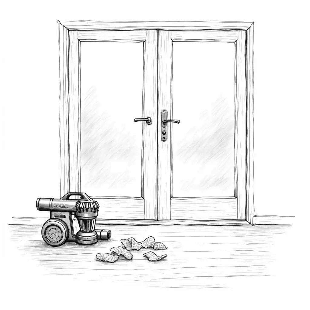 Black-and-White-Sketch-of-Dyson-Vacuum-Cleaner-withDyson-vacuum-sketch-Crisps-on-Floor-by-Patio-Doors
