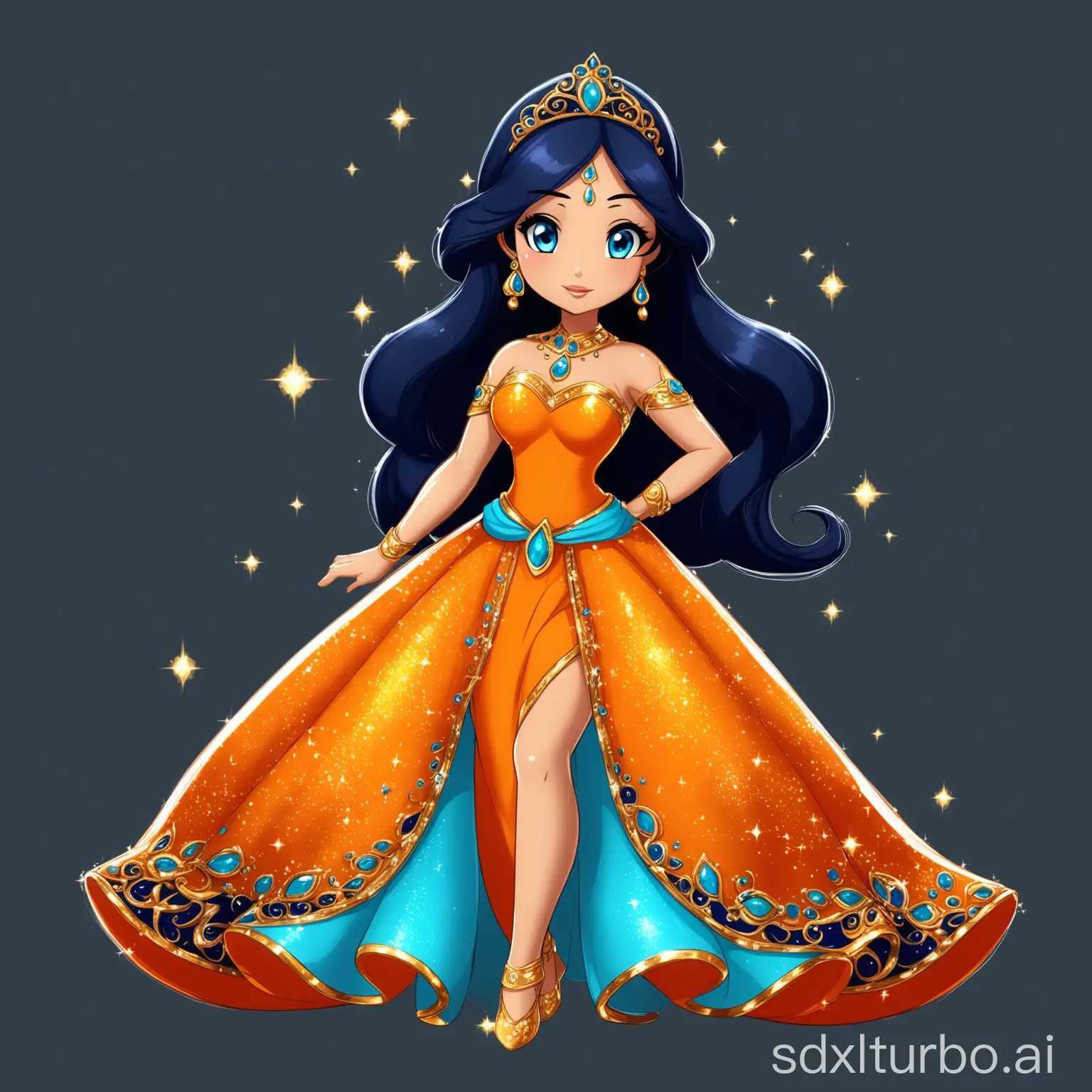 princess jasmine. 4k full length vibrant, bright, sparkling cute cartoon navy orange beautiful dress, no background