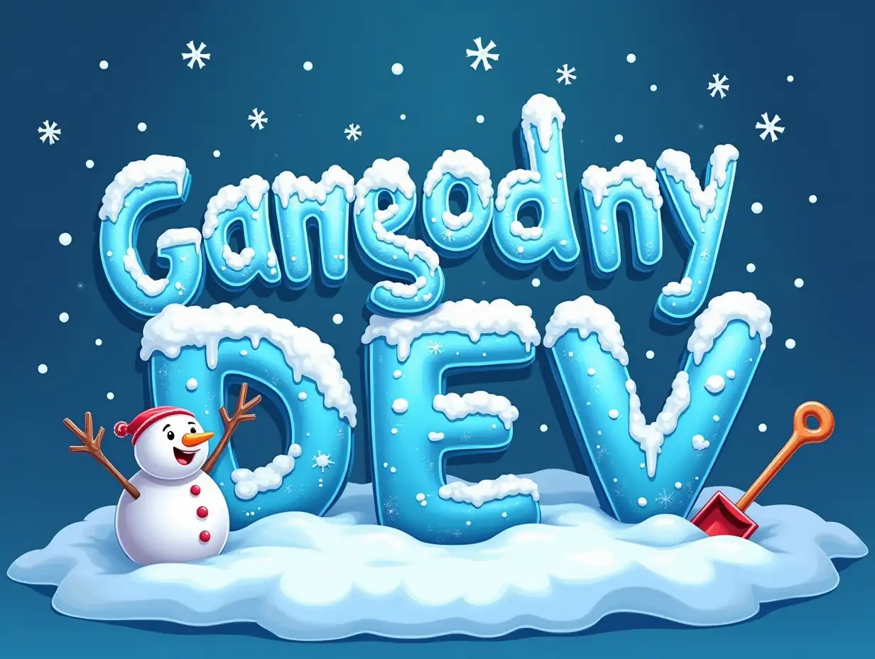 logo for a game development contest. The logo consists of the name 'Novogodny GameDev'. Snowflakes are falling. The text of the inscription is covered with ice. There is a snowman near, a shovel in a snowdrift