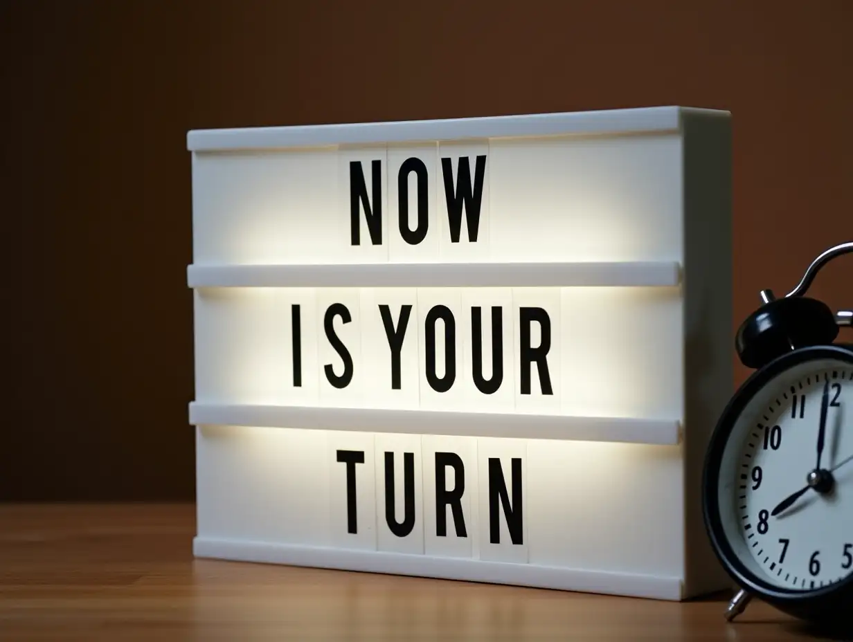 Now it is your turn text on LED lightbox with alarm clock on wooden background, Business and Money concept