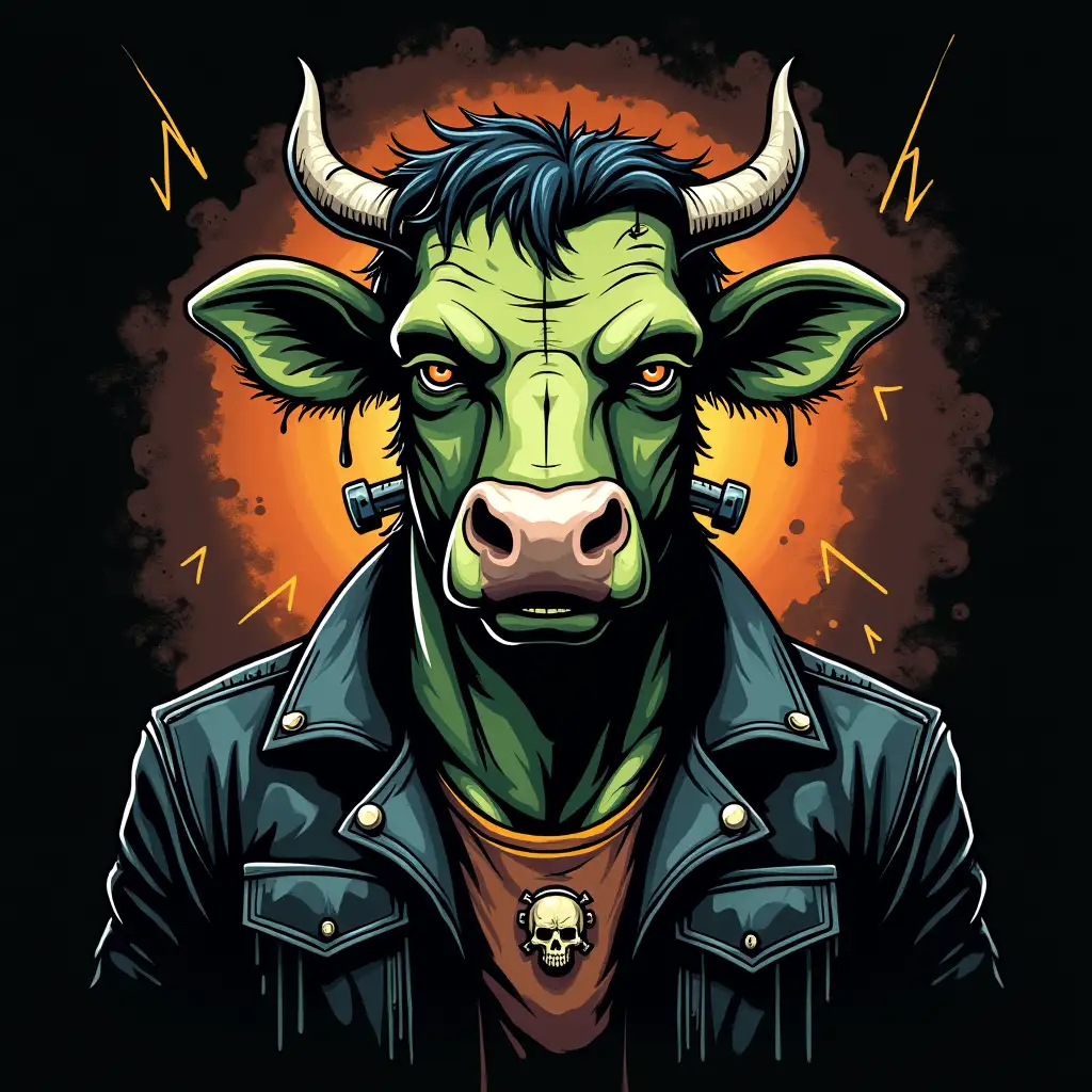 Create a Halloween-themed graphic featuring a Frankenstein's monster-inspired cow. The cow should have a patchwork of black and green fur, with stitches and bolts holding it together. It should also have horns and a mischievous grin. The cow should be dressed in a leather jacket and a vest, with a skull-shaped button. The background should be a dark, textured surface with dripping paint and electrical sparks. The overall style should be edgy and rebellious, with a touch of dark humor.