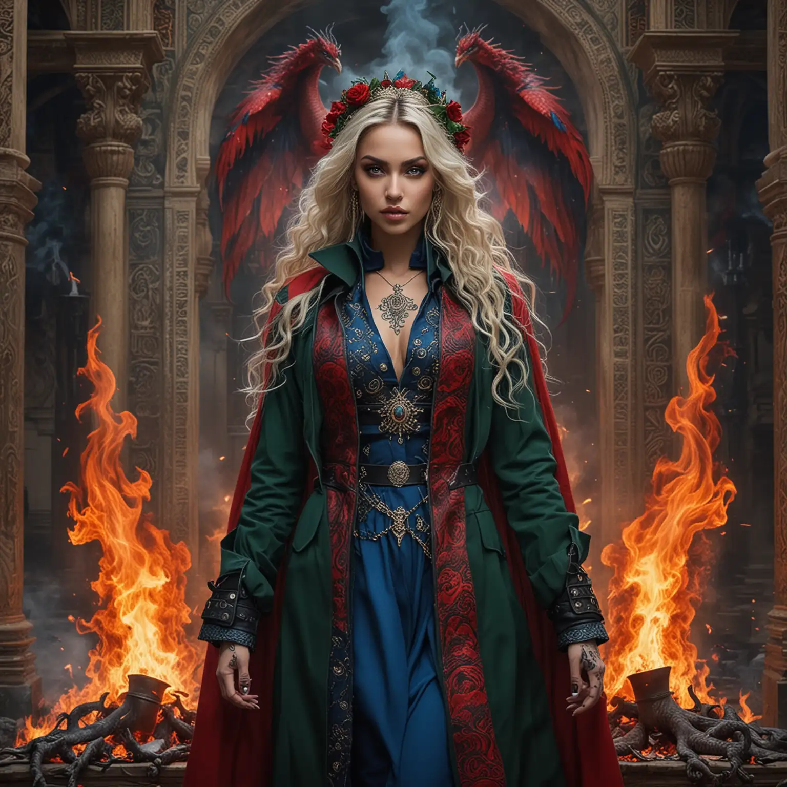 Adolescent Empress Sorceress Surrounded by Fiery Dragons