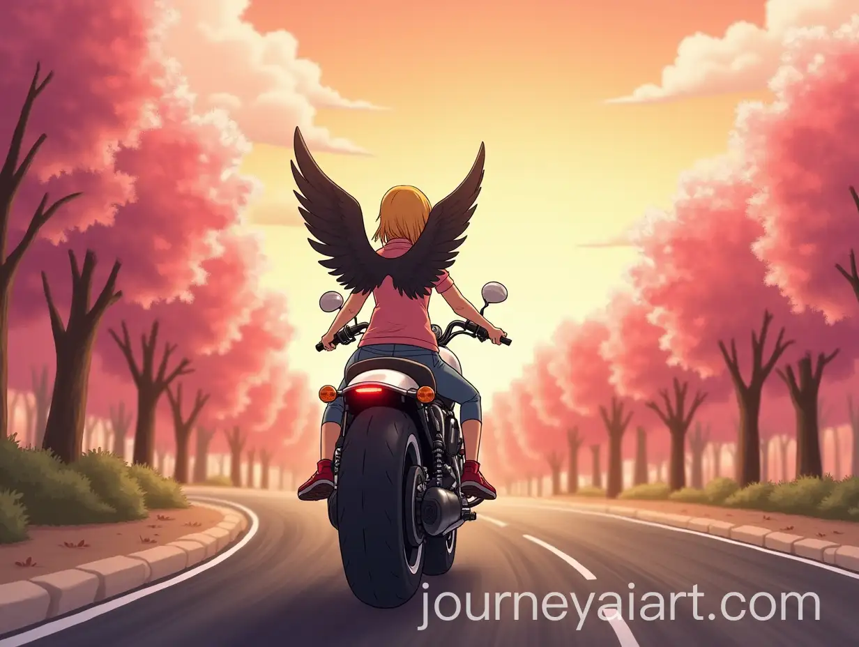 Blond-Girl-with-Black-Wings-Riding-a-White-Motorcycle-at-Spring-Sunset