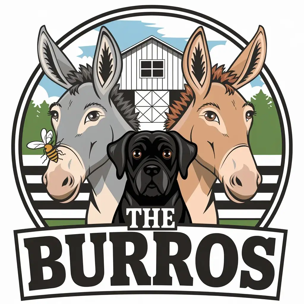 LOGO Design for The Burros and the Bees Two Donkeys Bee on Nose Black Dog and Barn Theme