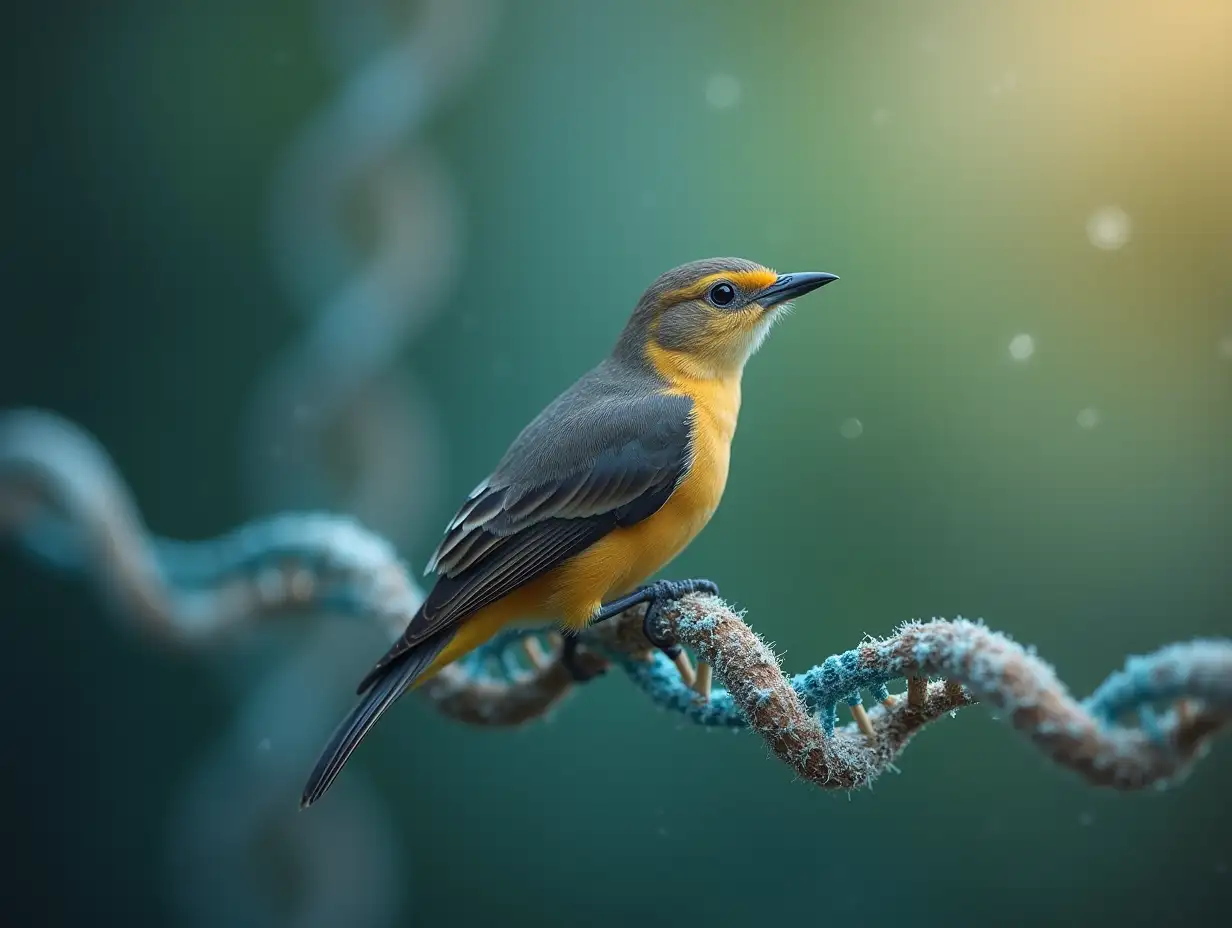 a bird perched on a long string of dna